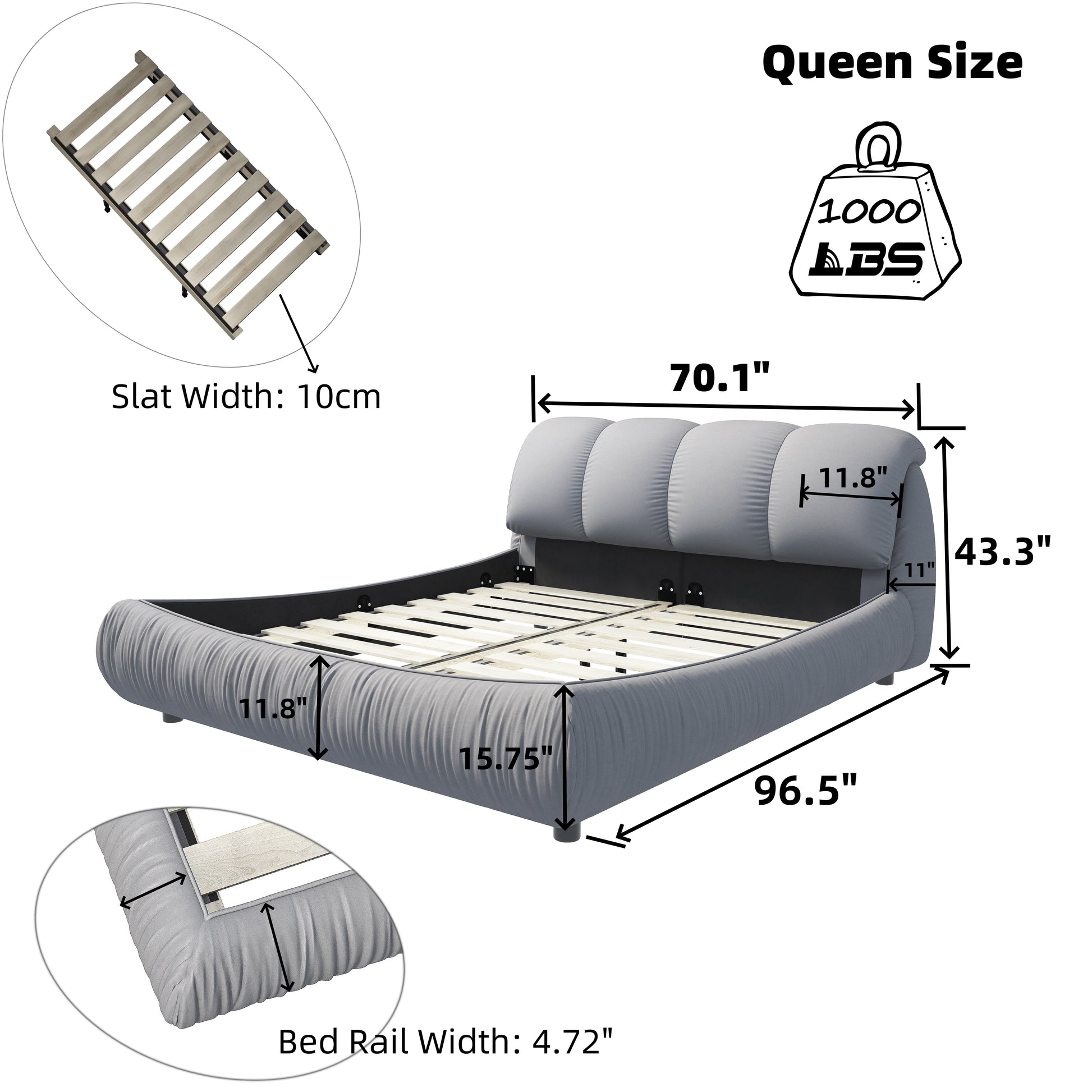 Queen Size Luxury Upholstered Platform Bed With Oversized Padded Backrest And Solid Wood Frame,Suitable For Multiple Heights Of Mattresses,Grey Old Sku:W1885S00006 Box Spring Not Required Queen Grey Wood Pine Solid Wood