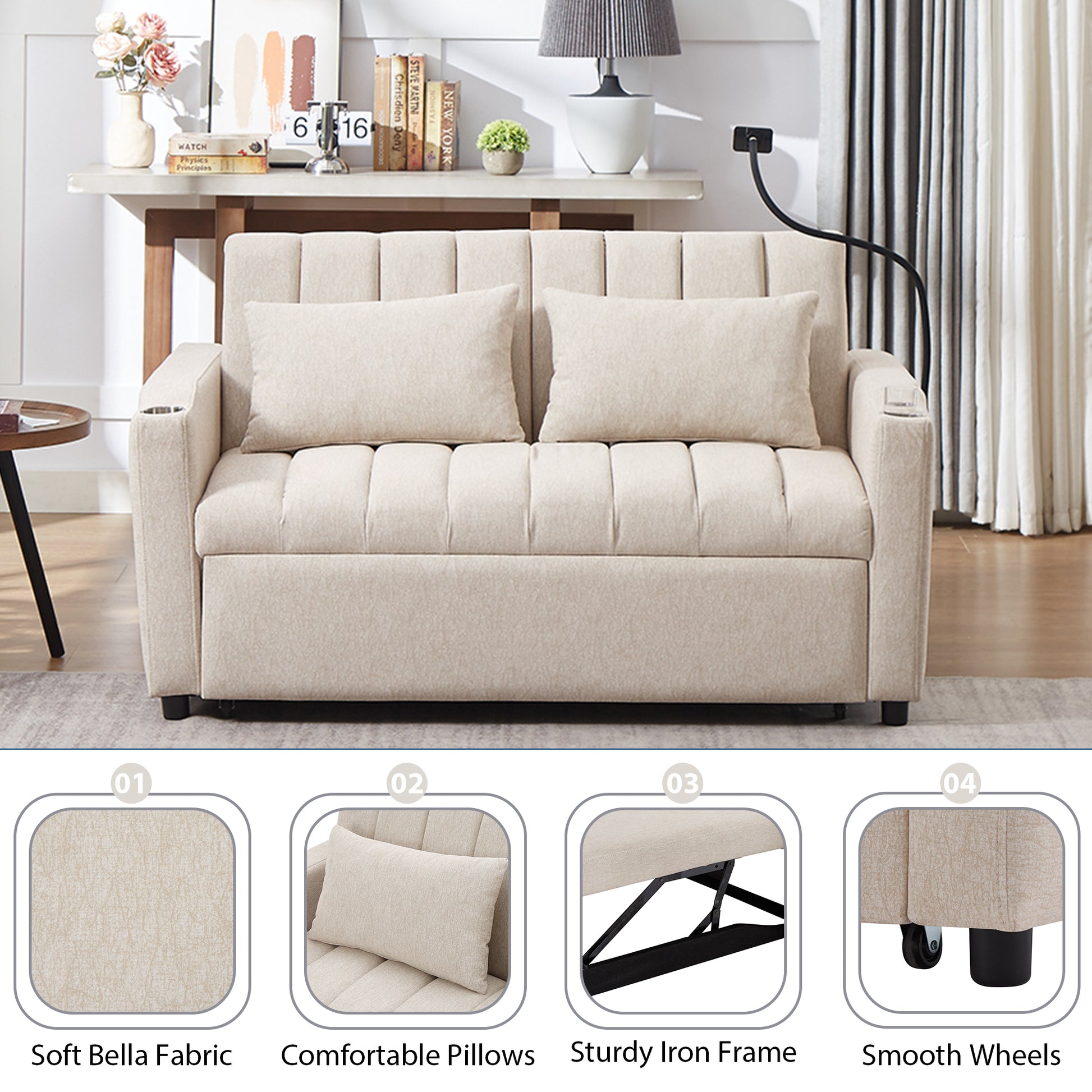 55.9" Convertible Sofa Bed Loveseat Sofa With Three Usb Ports, Two Side Pockets, Two Cup Holders And 360 Swivel Phone Holder For Living Room, Beige Beige Foam Polyester