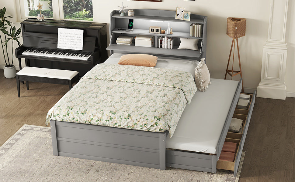 Full Size Wooden Led Platform Bed With Trundle, With Storage Headboard, With Drawers, Gray Full Gray Plywood