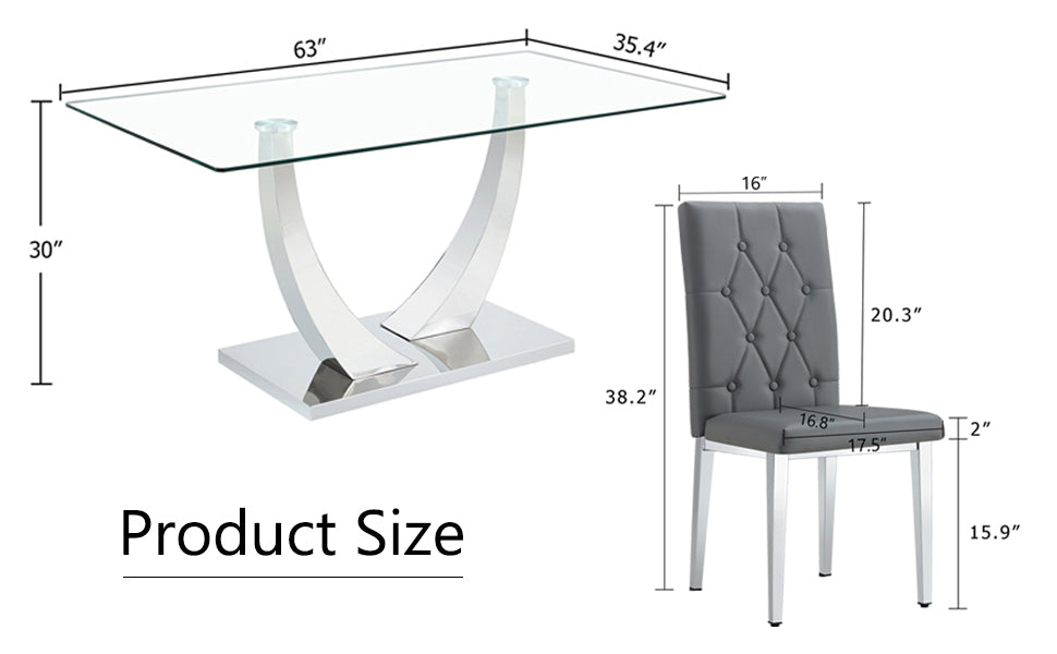 Table And Chair Set, Modern Dining Table, Tempered Glass Tabletop And Silver Colored Leg Table, Soft And Comfortable Dining Chair, Perfect For Dinner, Meetings, Home And Office Decor Gray Seats 4 Glass
