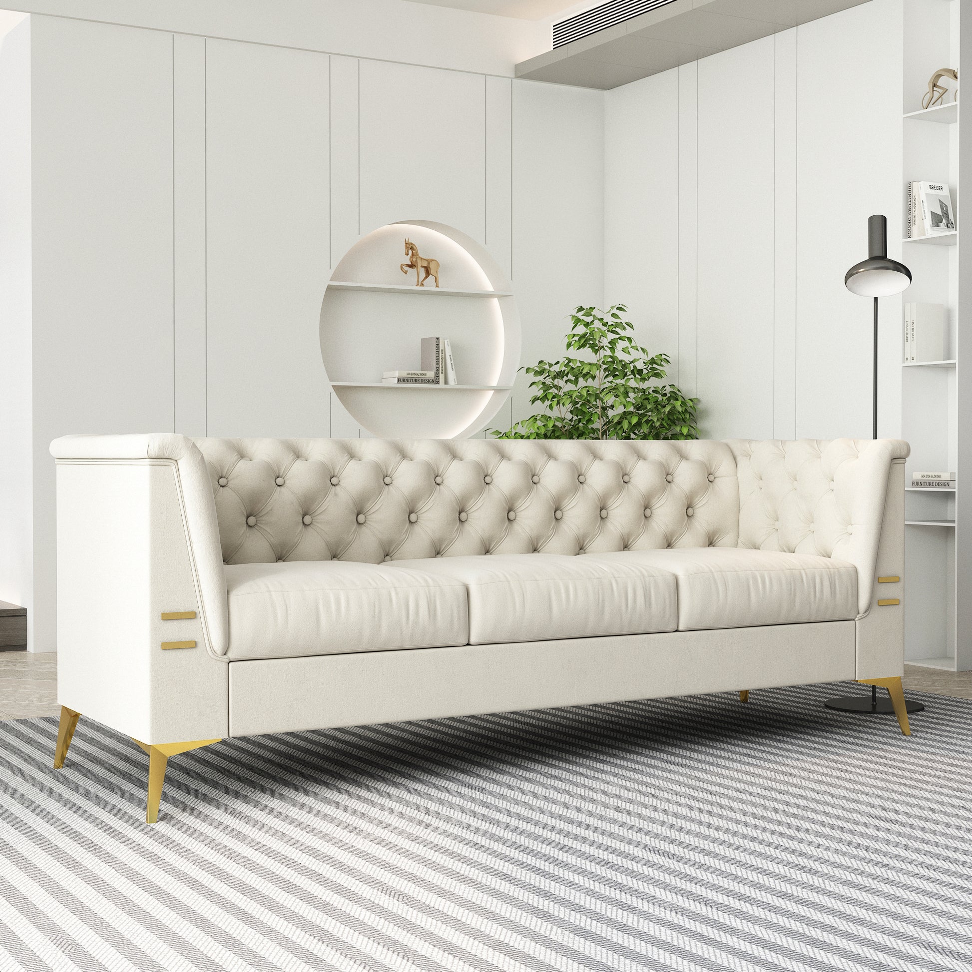 Fx P83 Cw Sofa Modern Velvet Living Room Chesterfield Design 82.7Inch Wide Sofa Cream White Color Beige Velvet 3 Seat