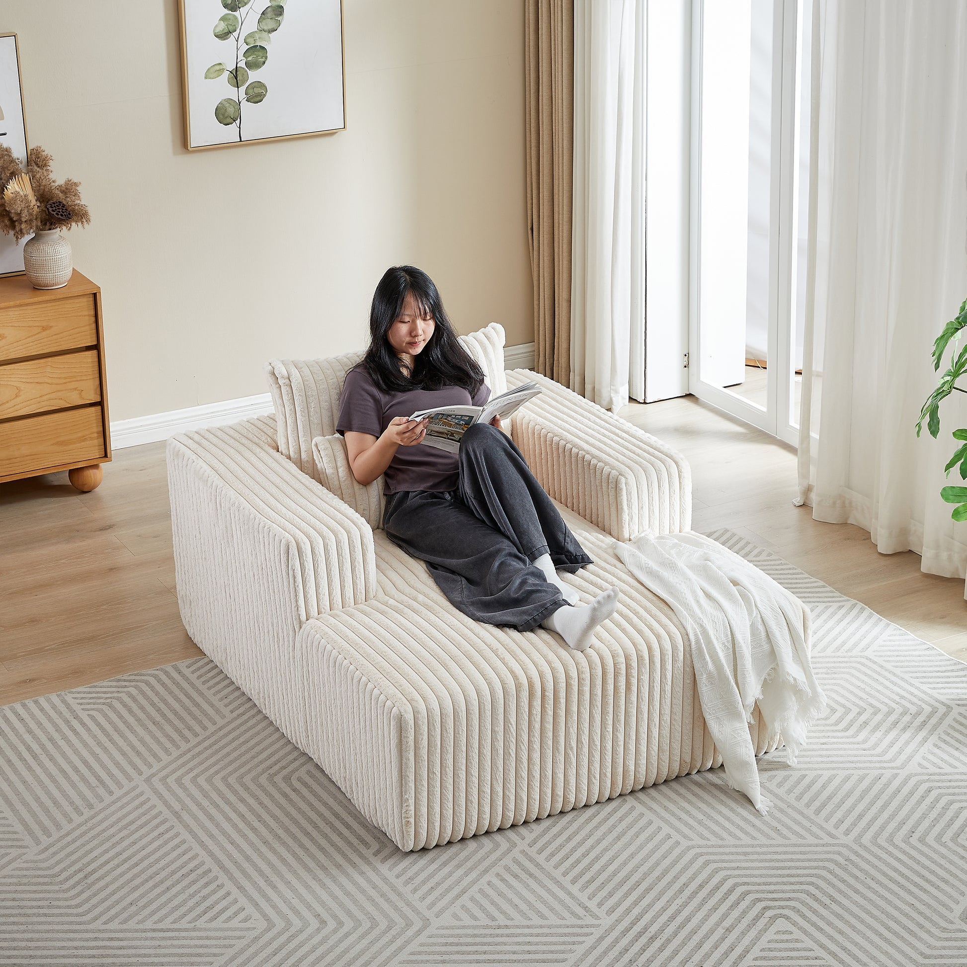 62.5 Inch Corduroy Sponge Sofa Lounge Chair,No Assembly Required,Fluffy Modern Sleeper Chair For Indoor Living Room Bedroom Beige Foam Corduroy 1 Seat