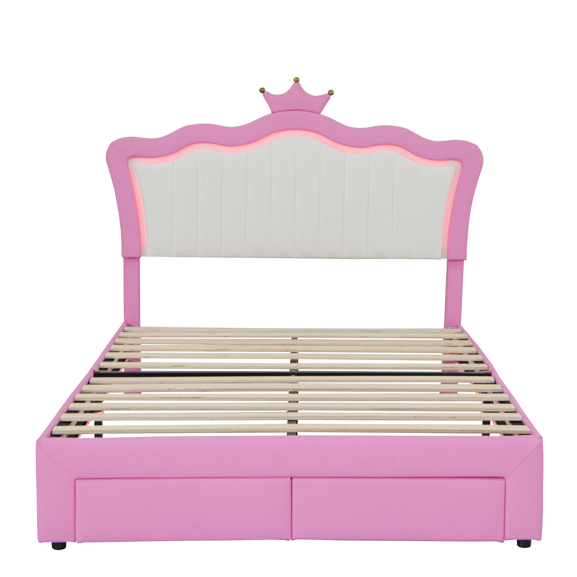 Full Size Upholstered Bed Frame With Led Lights, Modern Upholstered Princess Bed With Crown Headboard, 2 Drawers, Pink White Box Spring Not Required Full Pink White Wood Bathroom Modern Bed Frame Pu