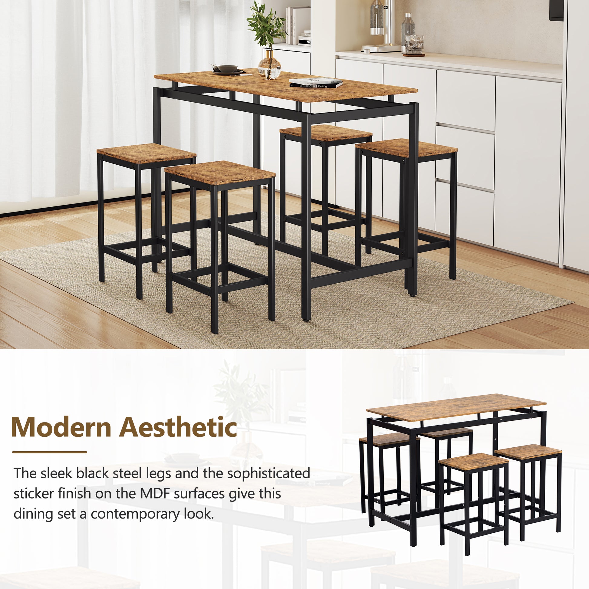 5 Piece Compact Bar Table Set With Table And Stools Modern Industrial Design, Space Saving Furniture For Dining Room And Breakfast Nook Brown Brown Mdf Steel