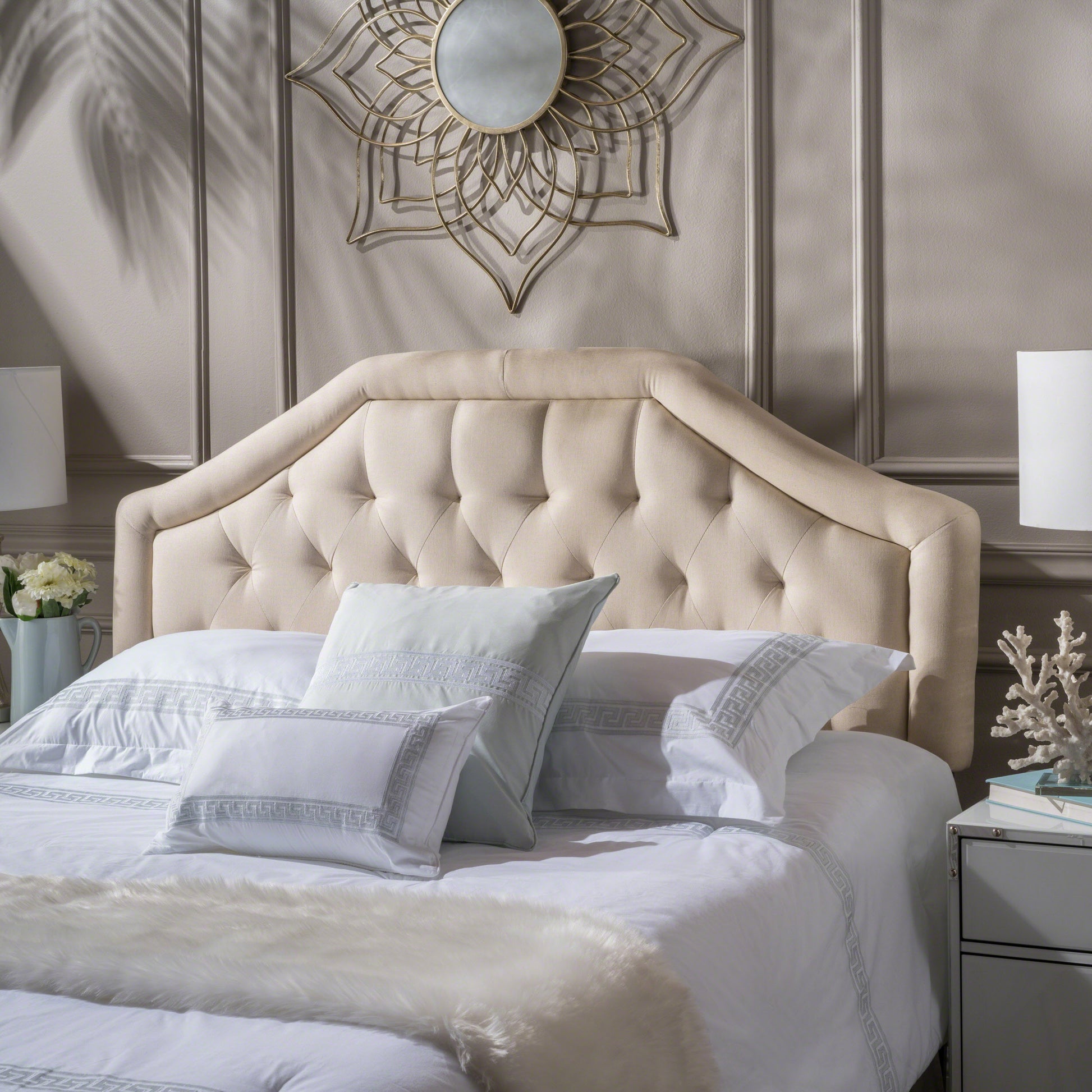 Upholstered Headboard, Diamond Tufted Design, Arched Structure, Easy Assembly, Beige Beige Fabric