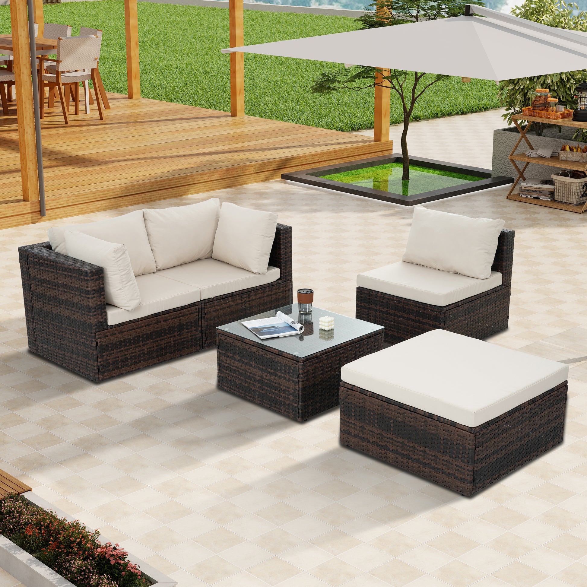 Patio Furniture, Outdoor Furniture, Seasonal Pe Wicker Furniture, 5 Set Wicker Furniture With Tempered Glass Coffee Table Brown Seats 4 Pe Rattan Iron Waterproof Fabric