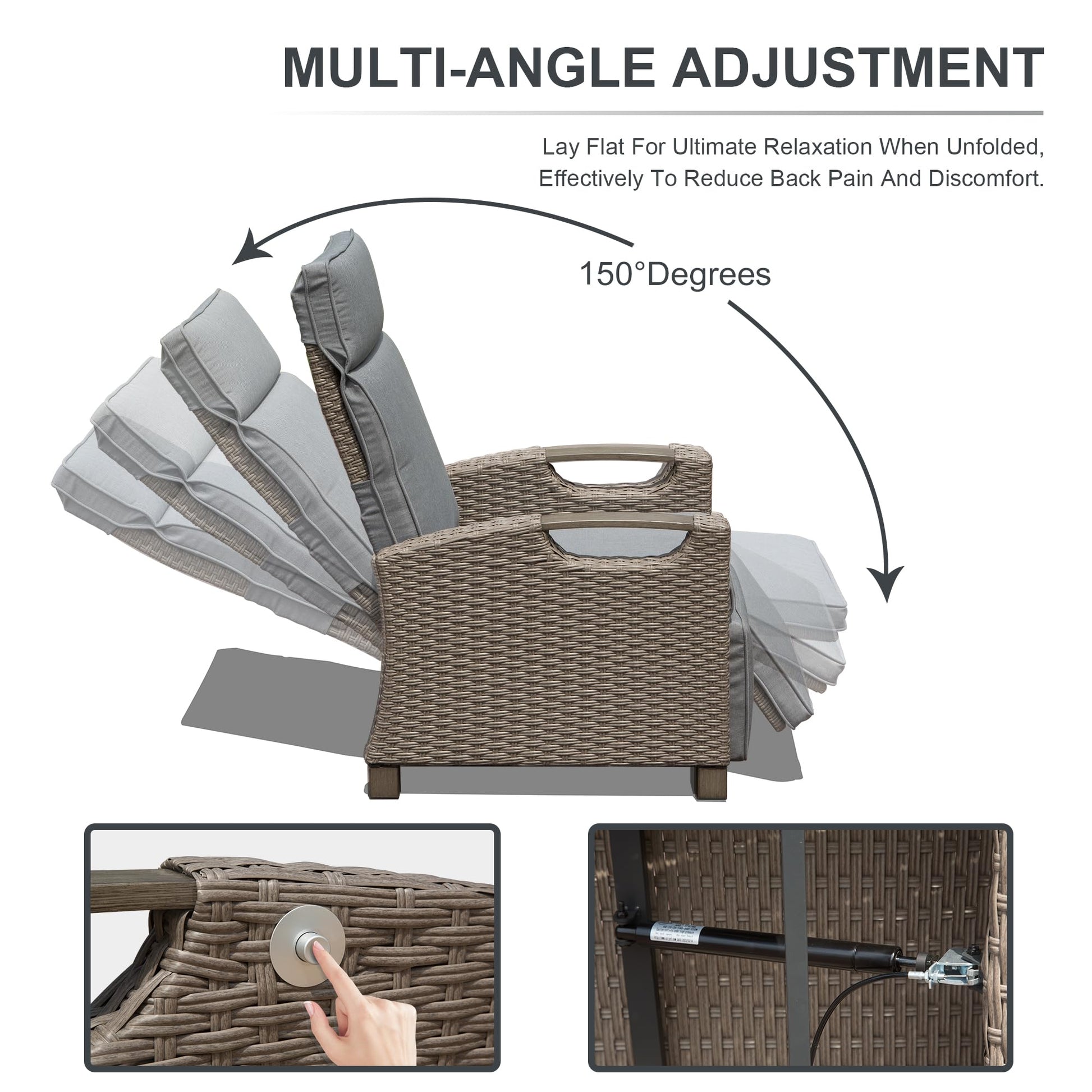 Outdoor Recliner Chair, Patio Recliner With Hand Woven Wicker, Flip Table Push Back, Adjustable Angle, 6.8'' Thickness Cushions, Reclining Lounge Chair For Indoor And Outdoor, Gray Yes Gray Garden & Outdoor Steel Rattan