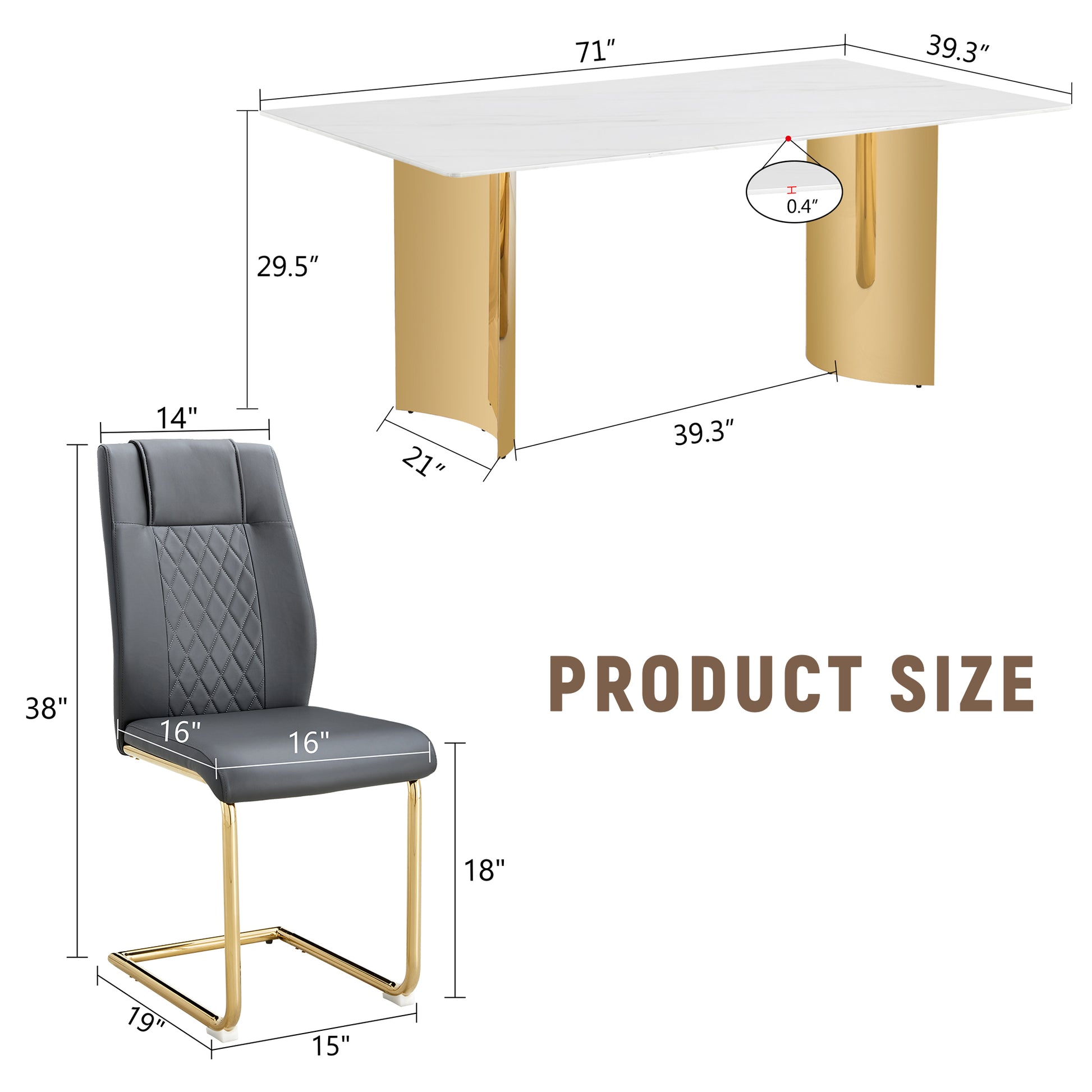Table And Chair Set.The Table Has A Glass Tabletop With Imitation Marble Pattern Stickers And Stainless Steel Golden Table Legs. Paried With Comfortable Chairs With Pu Seats And Metal Legs. White Gold Seats 6 Glass Metal