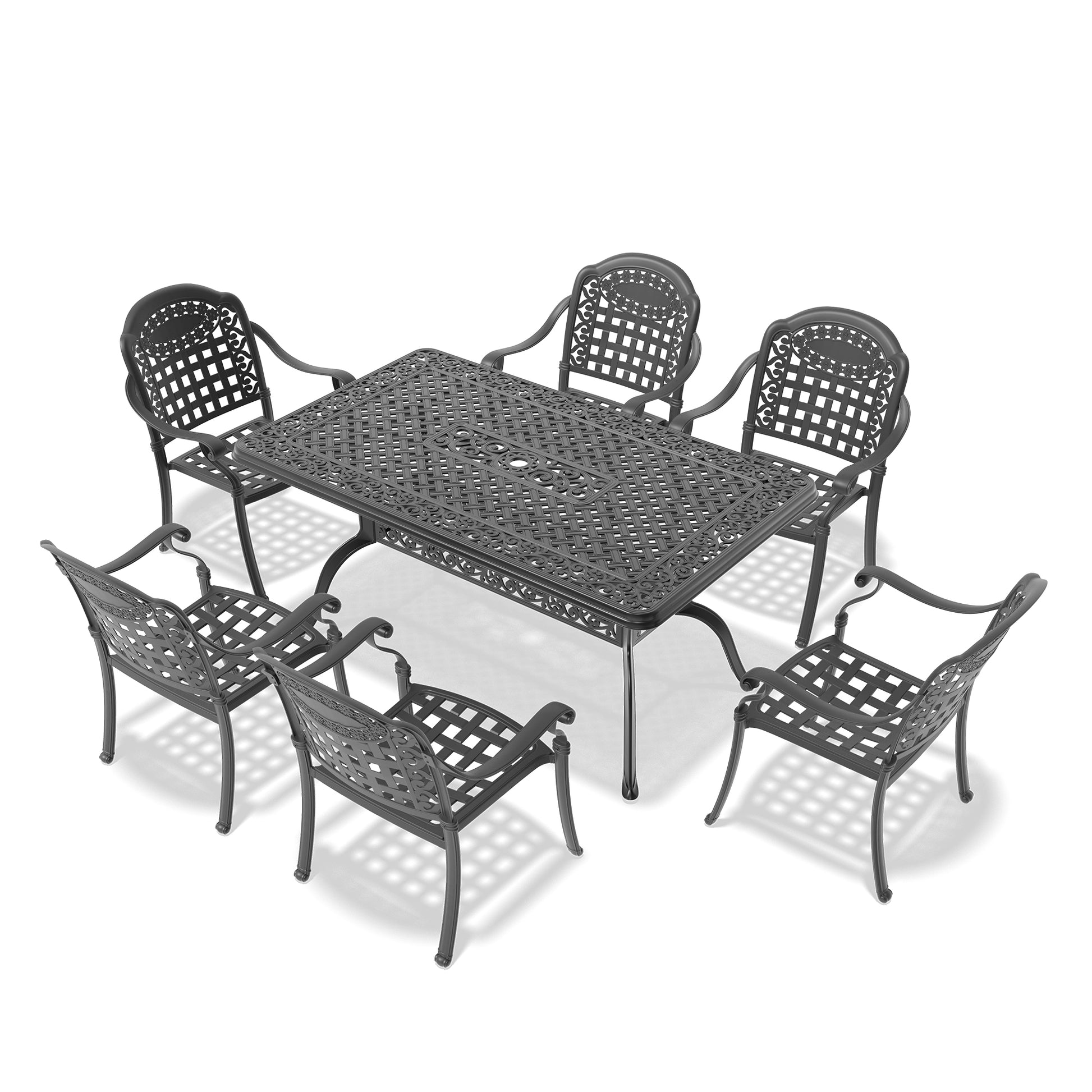 Cushions In Random Colors 7 Piece Set Of Cast Aluminum Patio Furniture With Cushions Yes Dining Set Black Seats 6 Rust Resistant Frame Water Resistant Cushion Garden & Outdoor Complete Patio Sets Aluminium