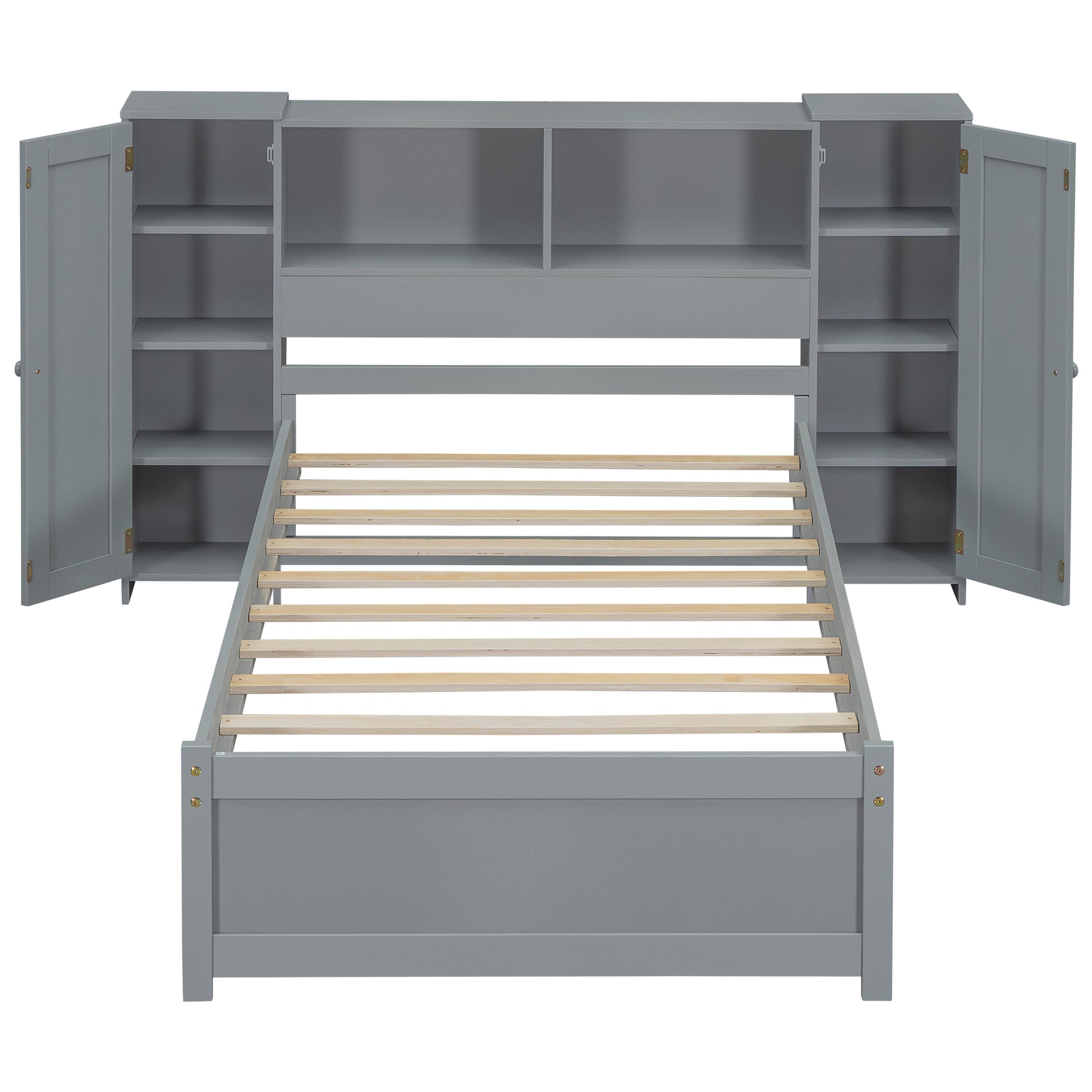 Twin Size Platform Bed With Storage Headboard And Lockers, Gray Twin Box Spring Not Required Gray Wood Bedroom Solid Wood Mdf