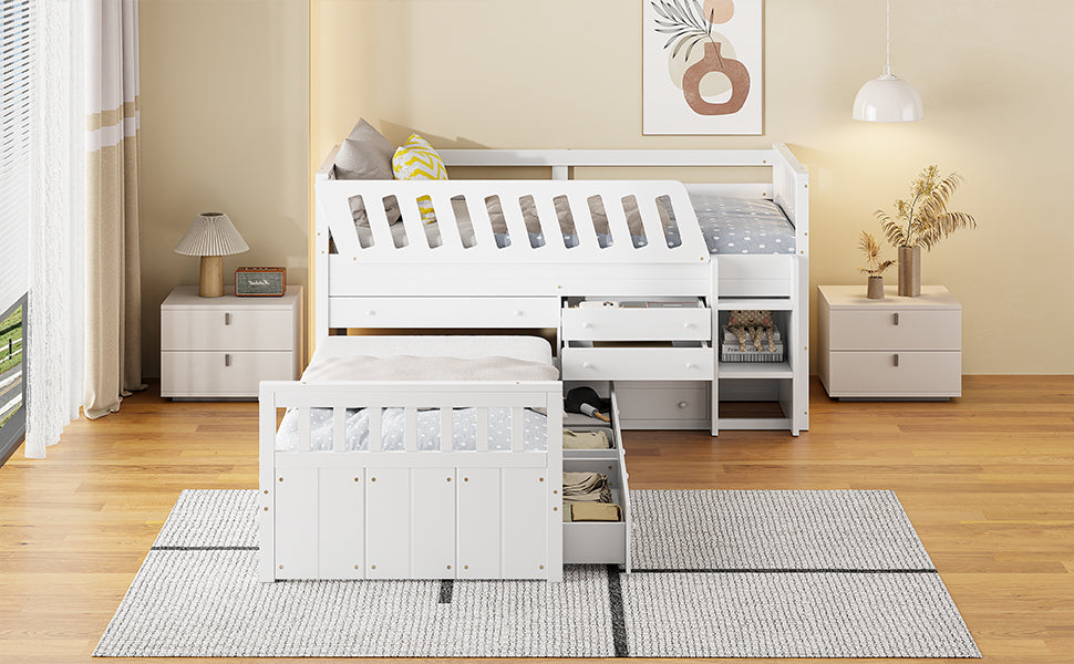 L Shaped Space Saving Twin Loft And Twin Platform Bed With 7 Drawers And Full Guardrails White Twin White Solid Wood