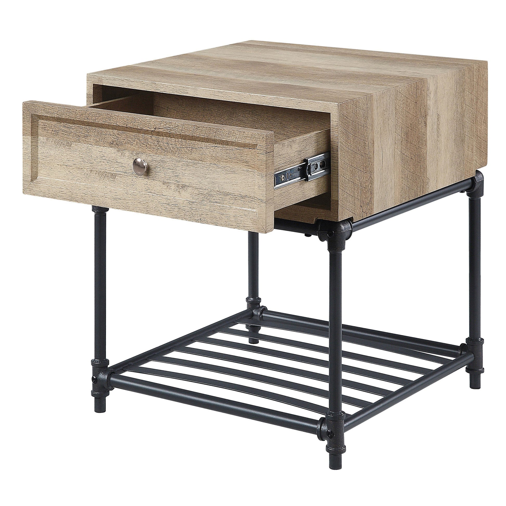 Oak And Sandy Black End Table With Slatted Lower Shelf Oak Primary Living Space Industrial Drawers Rectangular Wood Metal