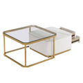 Modern 2 Pieces White Square Nesting Coffee Table With Drawers & Electroplated Gold Legs In 27.6'' Golden White Square Drawers Coffee & End Tables Glossy Square Mdf Glass Mdf Pedestal