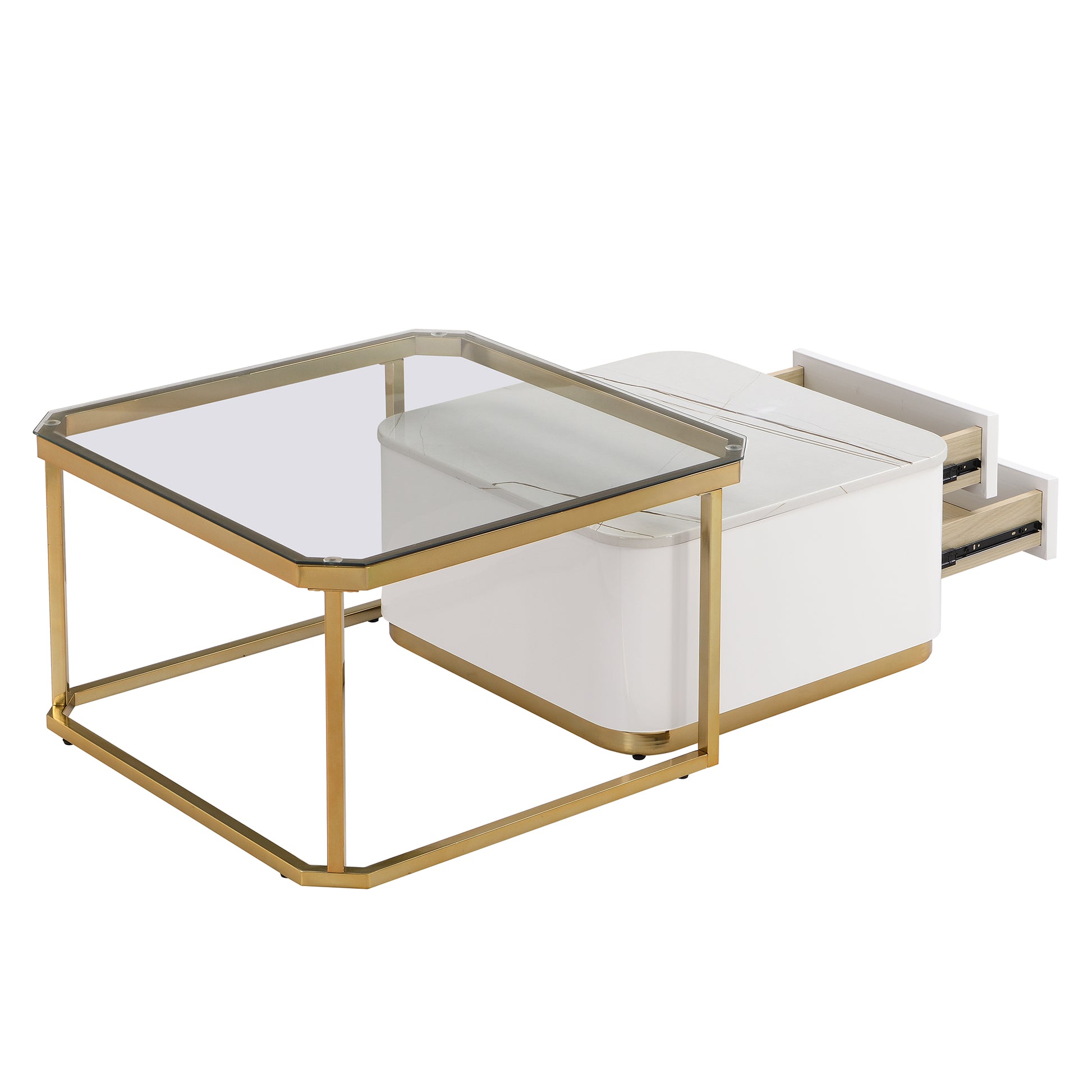 Modern 2 Pieces White Square Nesting Coffee Table With Drawers & Electroplated Gold Legs In 27.6'' Golden White Square Drawers Coffee & End Tables Glossy Square Mdf Glass Mdf Pedestal