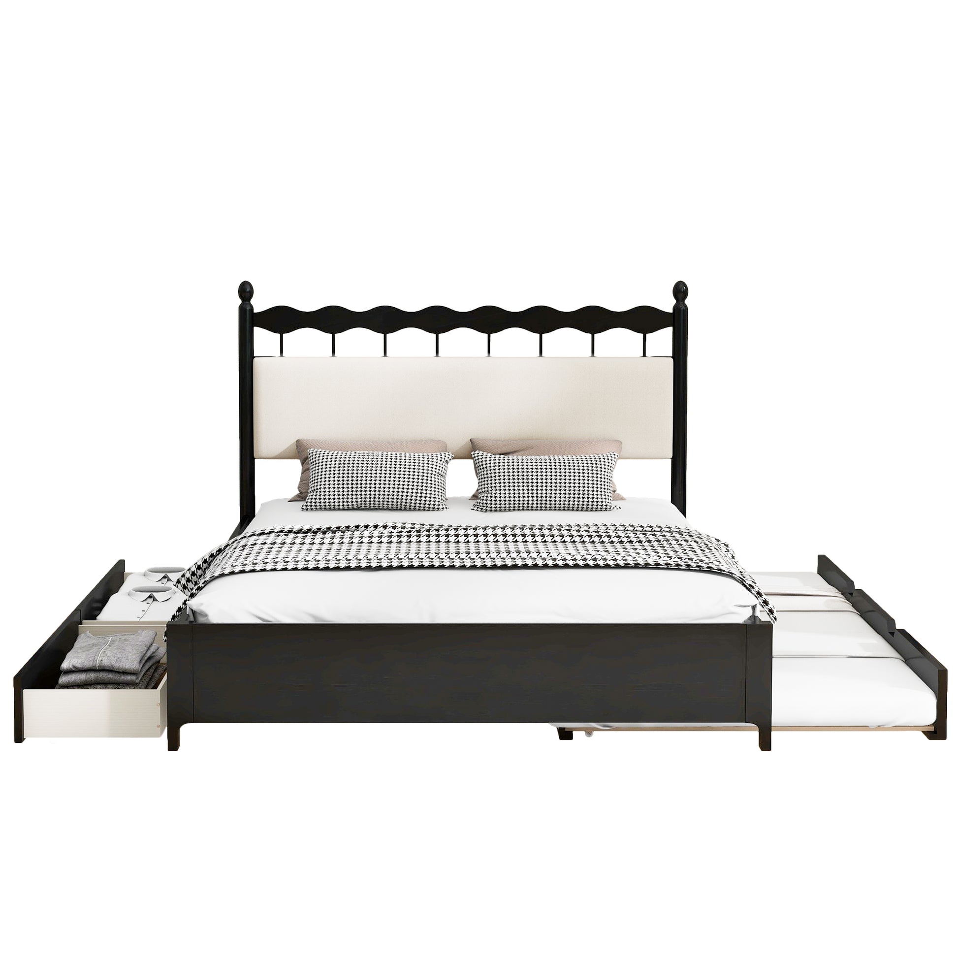 Queen Size Wooden Storage Platform Bed, With 2 Big Drawers, T Size Trundle ,Espresso Queen Espresso Plywood