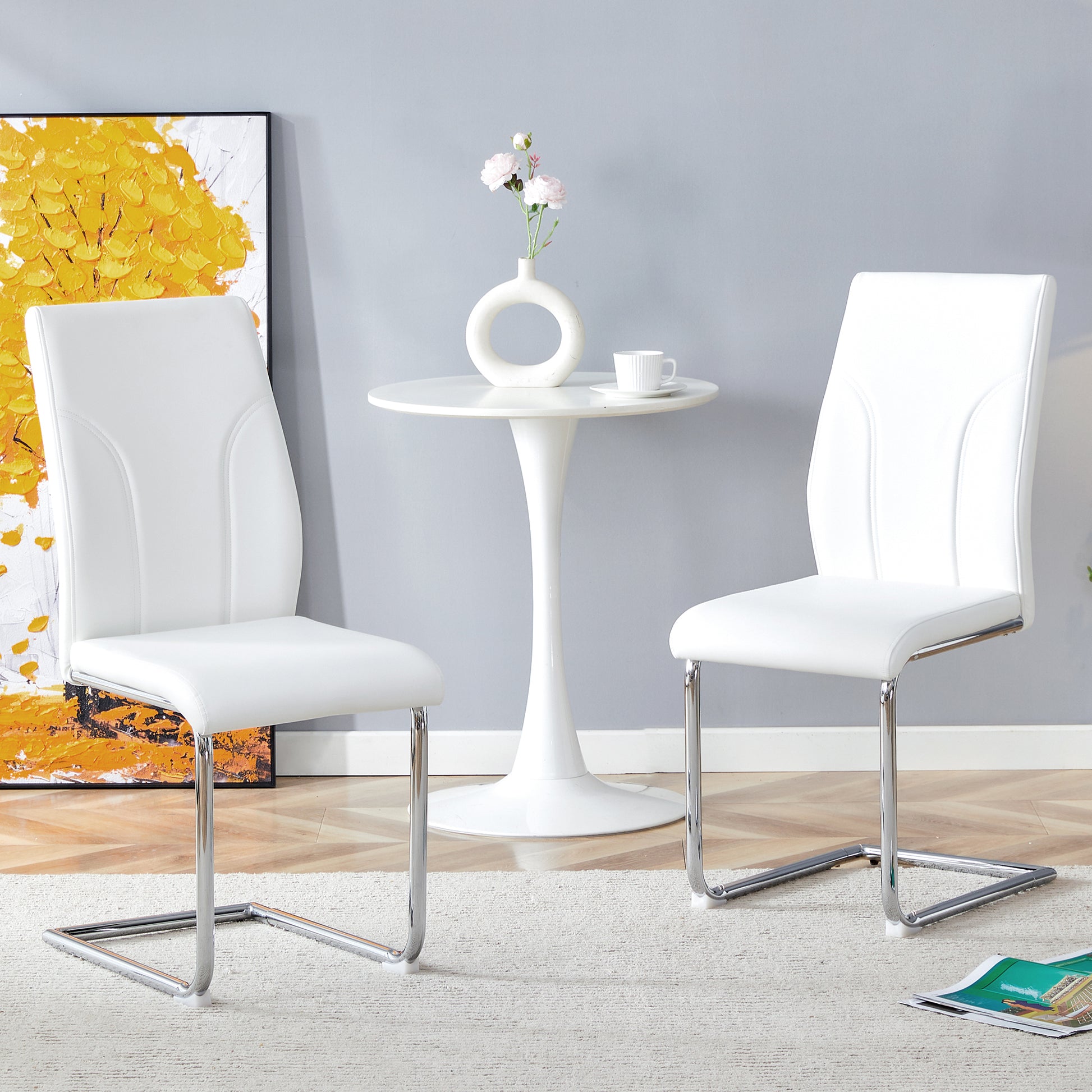 Set Of 2 Dining Chairs, White Dining Chair Set, Pu Material High Backrest Seats And Sturdy Leg Chairs, Suitable For Restaurants, Kitchens, Living Rooms White Pu