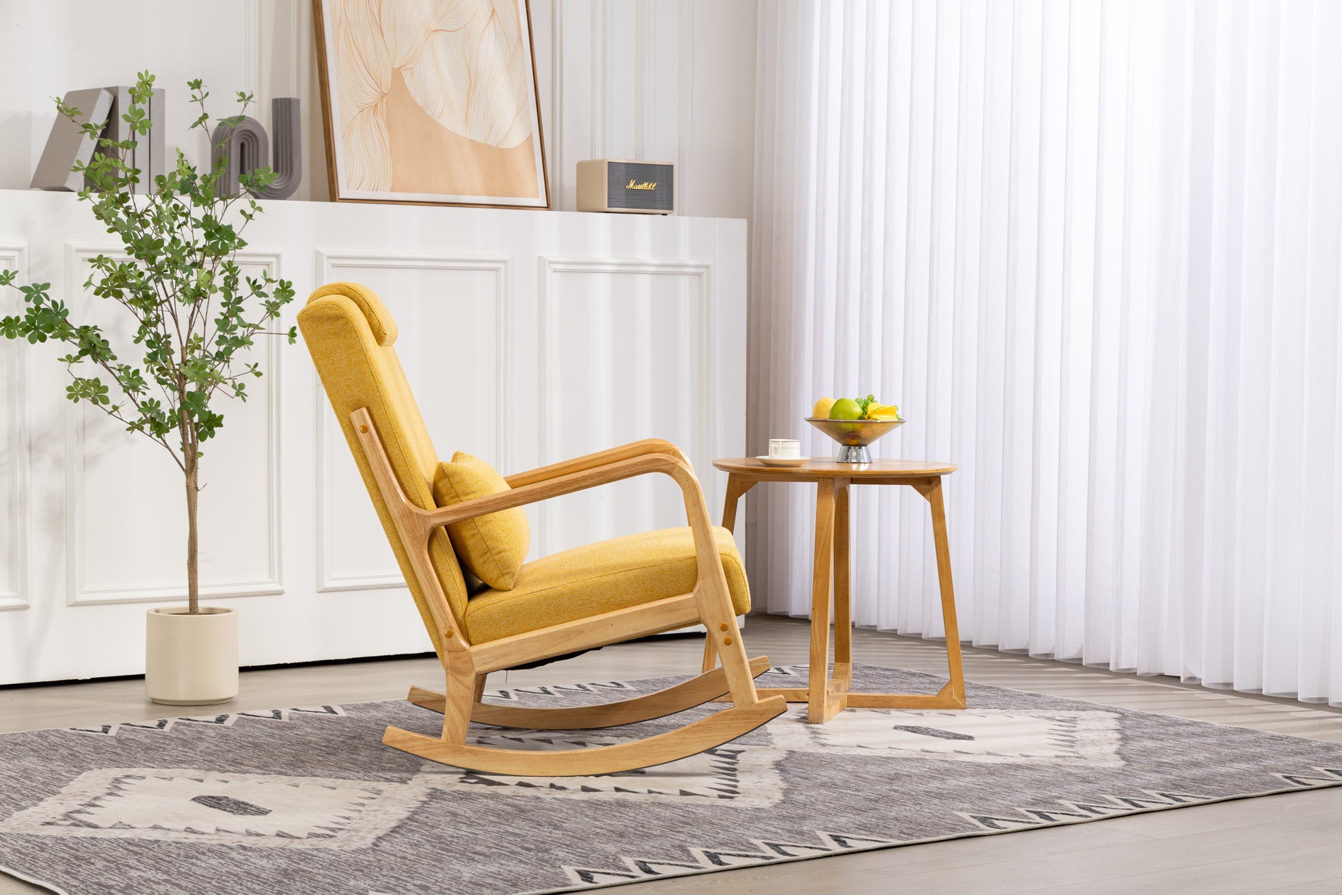 Rocking Chair Upholstered Fabric Rocking Armchair Indoor With High Backrest Glider Chairs And Lumbar Pillow For Living Room Yellow Linen