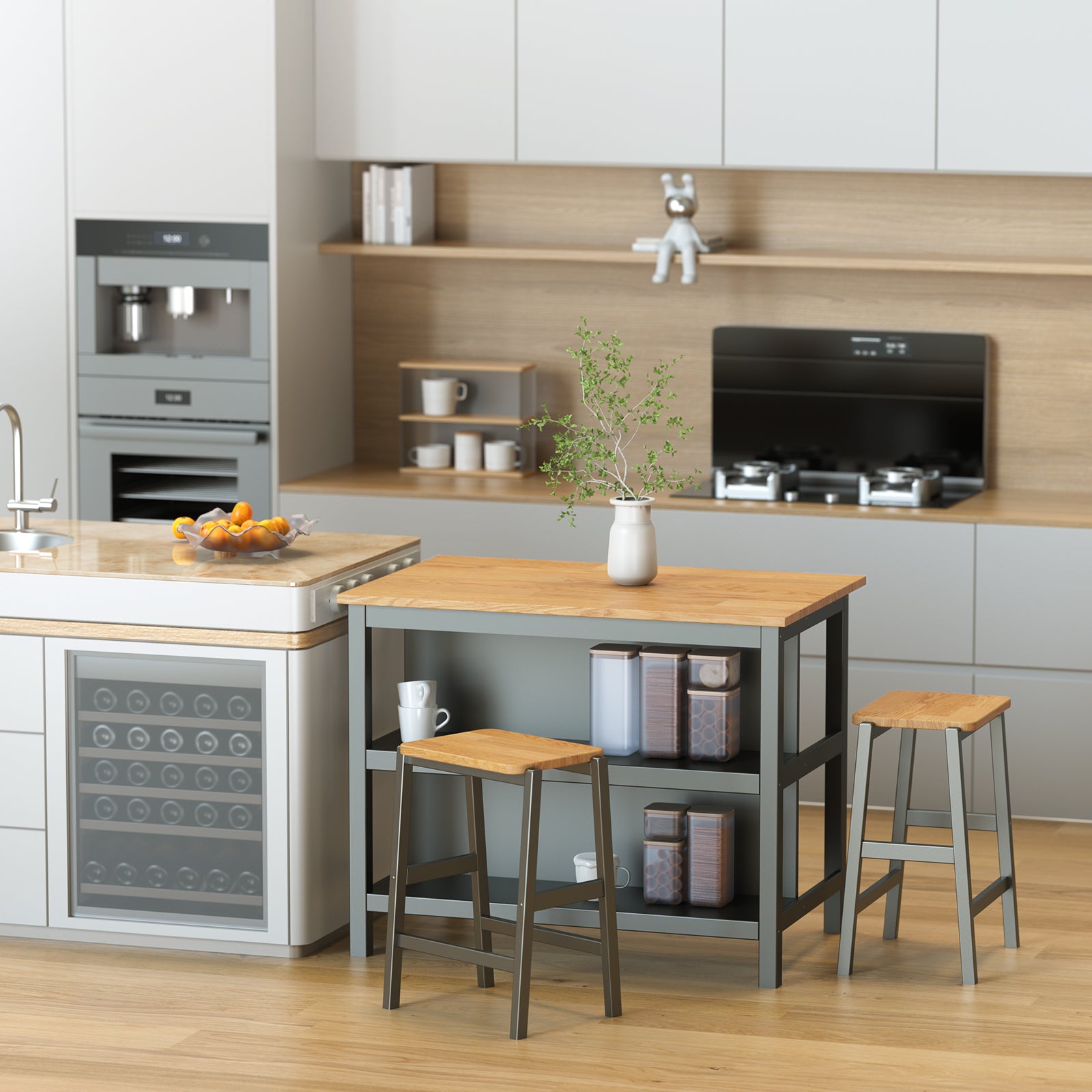 3 Pcs Dining Table Set Rustic Retro Breakfast Table Dining Stools Rubberwood For 2 With Two Open Shelves For Small Space Kitchen Dining Room W69165661 Black Rubber Wood