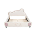 Full Size Velvet Platform Bed With Bear Shaped Headboard, With Bed End Storage Pocket, Beige Full Beige Plywood