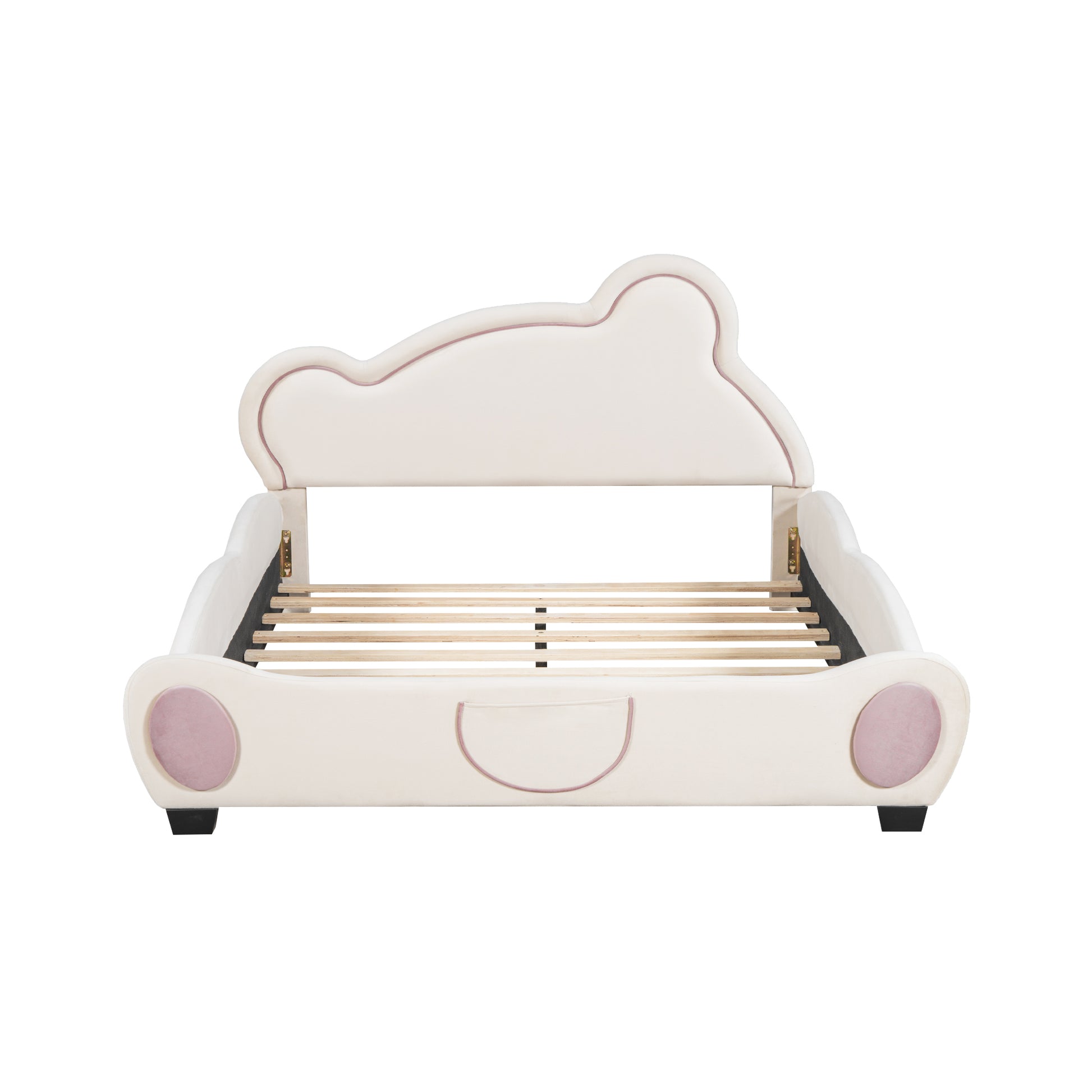 Full Size Velvet Platform Bed With Bear Shaped Headboard, With Bed End Storage Pocket, Beige Full Beige Plywood