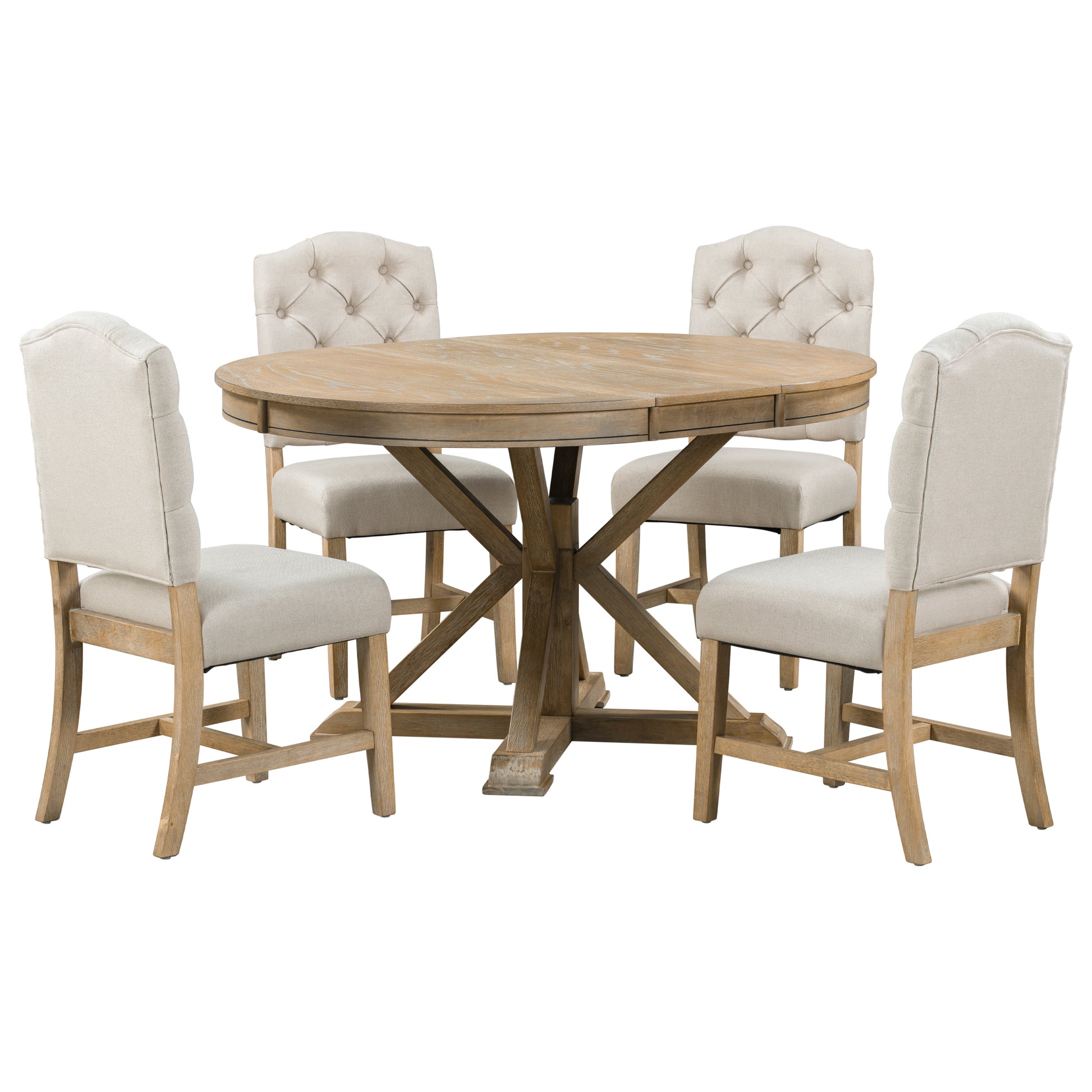 Functional Furniture Retro Style Dining Table Set With Extendable Table And 4 Upholstered Chairs For Dining Room And Living Room Natural Wood Wash Natural Wood Wash Solid Wood