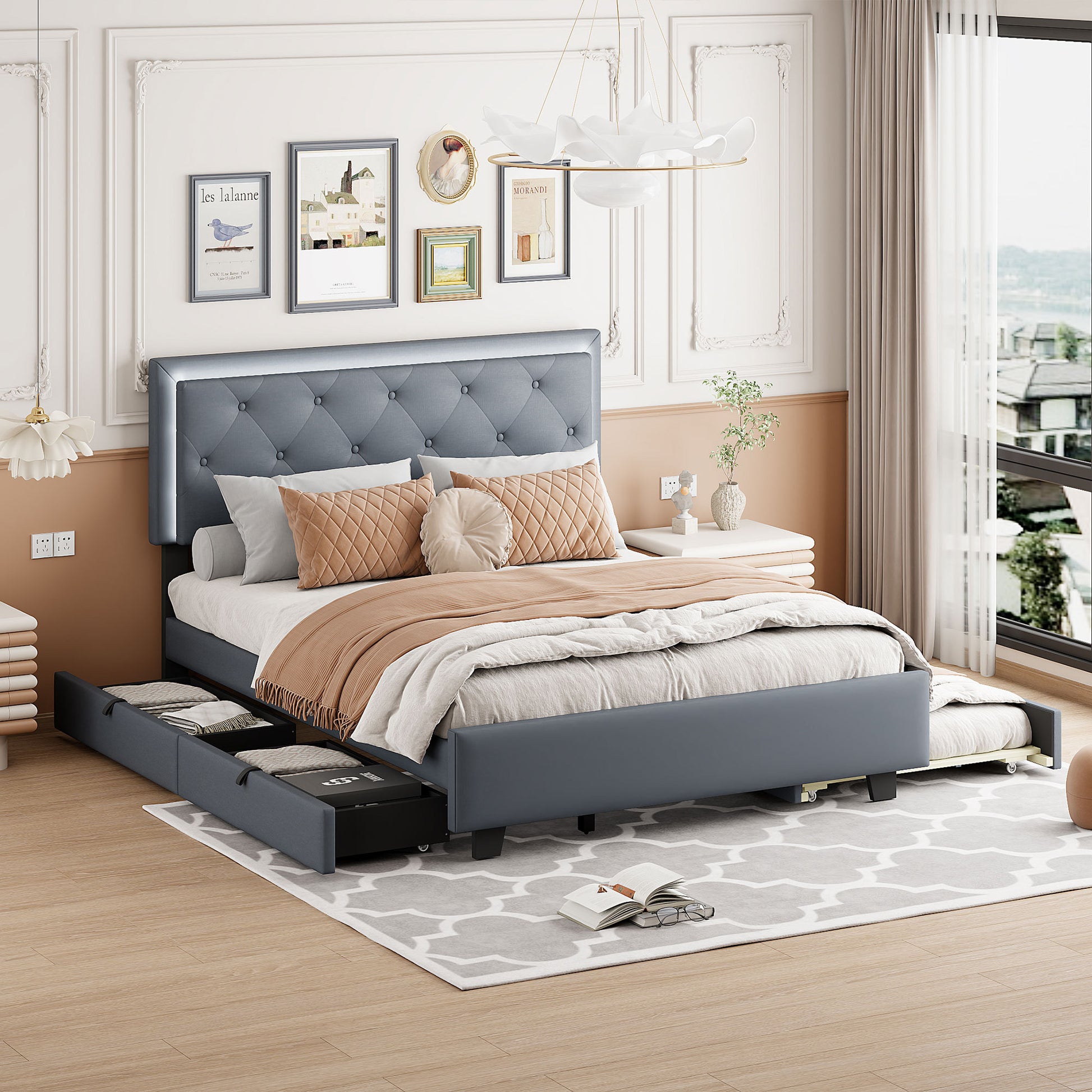 Queen Size Velvet Storage Platform Bed, With 2 Big Drawers, Twin Xl Size Trundle And Led Light, Gray Gray Velvet
