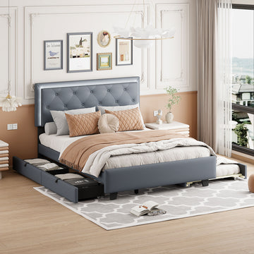 Queen Size Velvet Storage Platform Bed, With 2 Big Drawers, Twin Xl Size Trundle And Led Light, Gray Gray Velvet