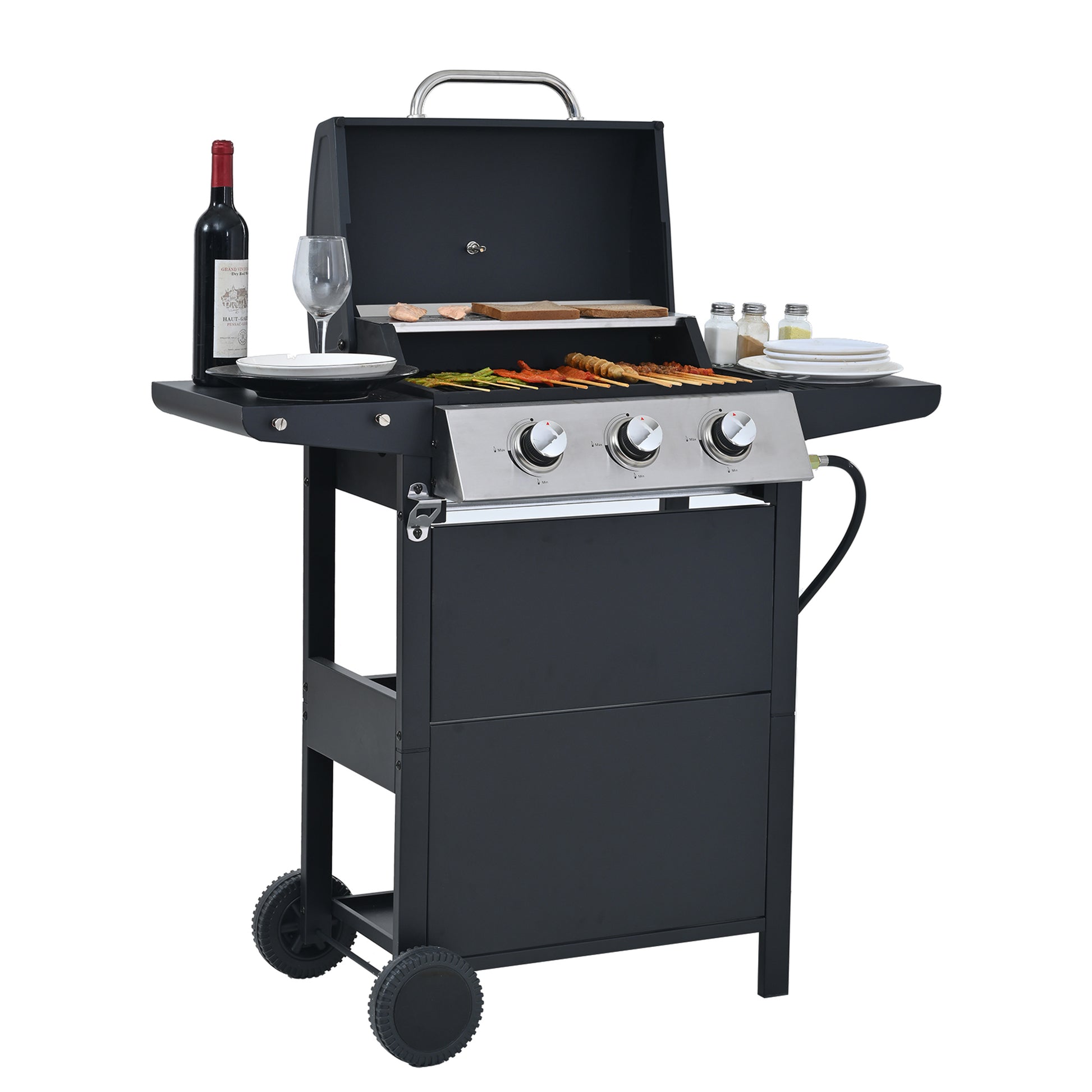 Propane Gas Grill 4 Burner Barbecue Grill, Stainless Steel 34,000 Btu Patio Garden Barbecue Grill With Two Shelves, Lid, Wheels And Bottle Opener Black Iron