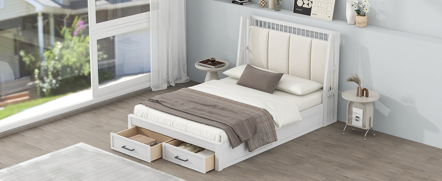 Full Size Wood Platform Bed With Upholstered Headboard And 2 Drawers, White Box Spring Not Required Full White Wood Bed Frame Solid Wood Mdf