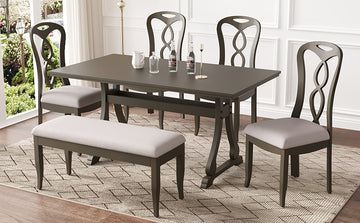 Retro 6 Piece Trestle Dining Table Set With Upholstered Dining Chairs And Dining Bench, Smooth Dining Backs For Dining Room, Living Room, Kitchen, Gray Gray Wood Dining Room Solid Wood Rubberwood Rectangular Dining Table With Chair And Bench Upholstered