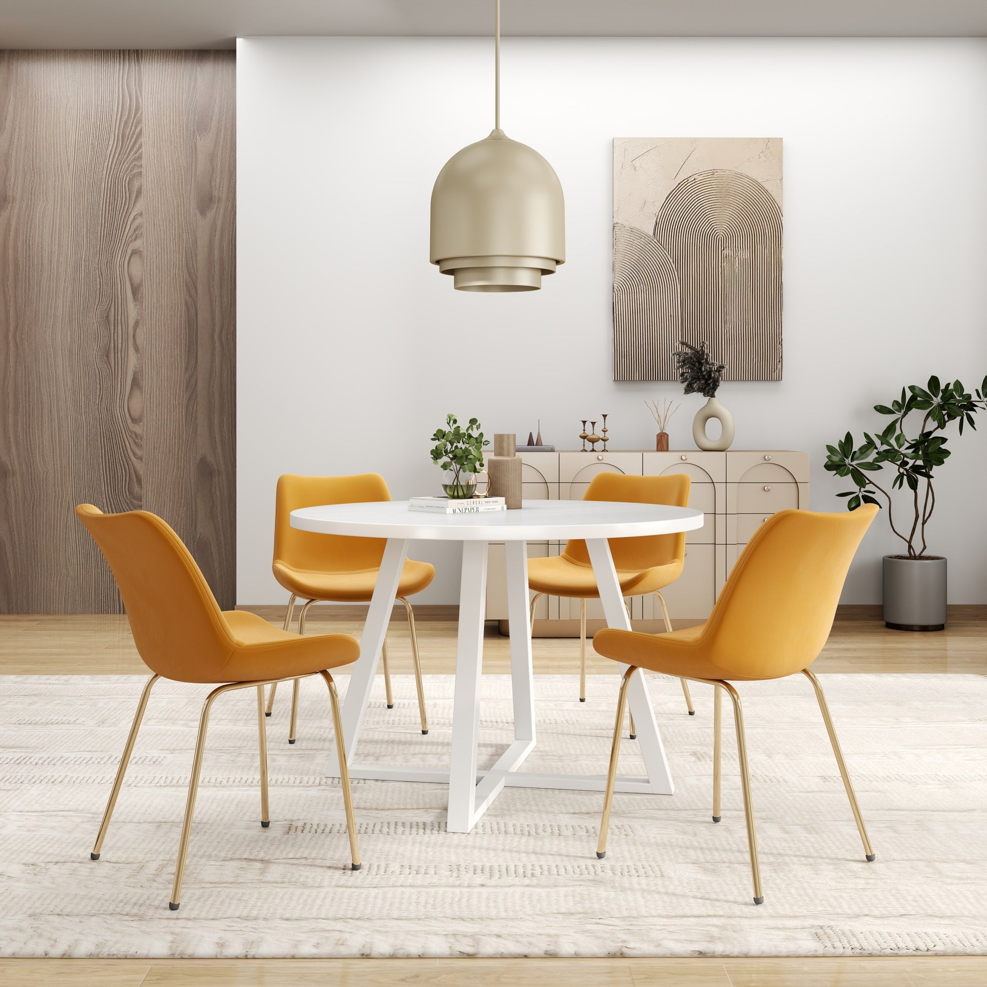 Avant 5 Piece Round Dining Set, Trestle Dining Table With 4 Side Chairs White Wood Dining Room Solid Wood Rubberwood Round Dining Table With Chair Wood Wood White Gold Slat Back Seats 4 Contemporary,Modern Round Trestle Solid Wood Mdf Wood Metal