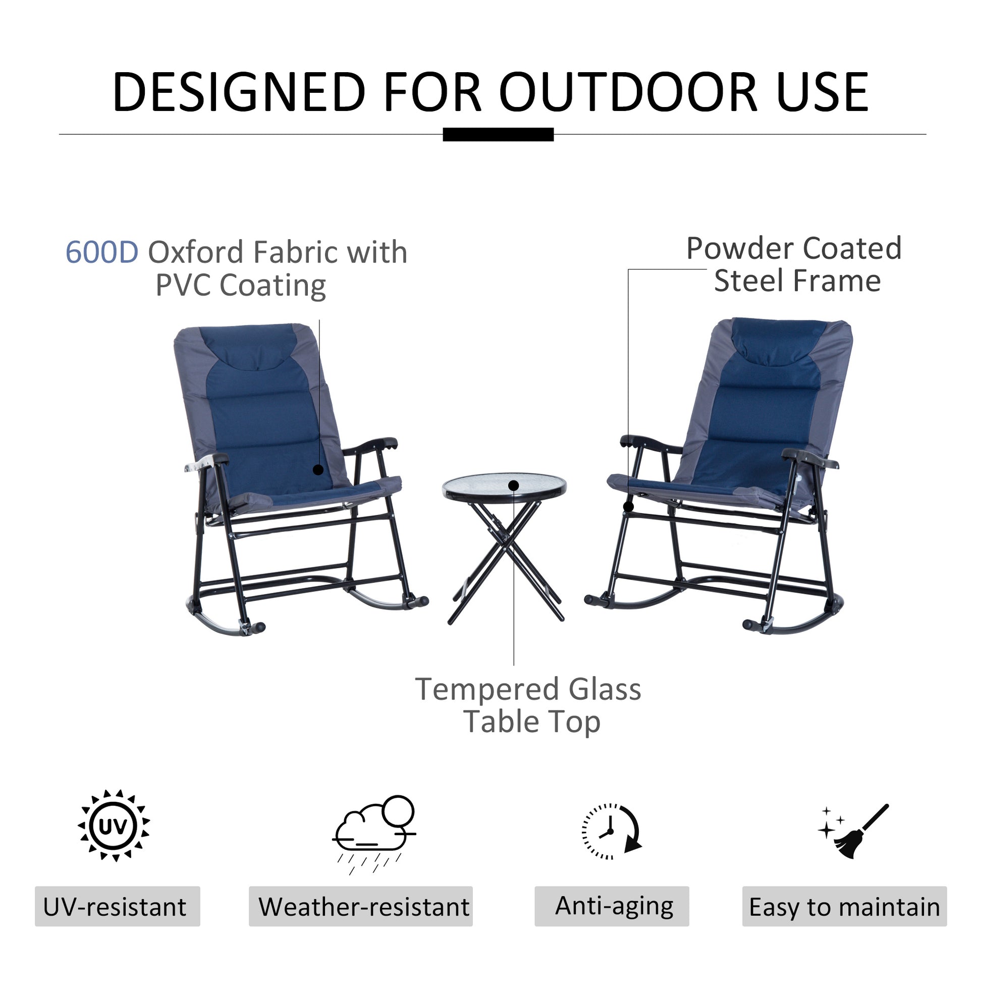 Outsunny 3 Piece Outdoor Patio Furniture Set With Glass Coffee Table & 2 Folding Padded Rocking Chairs, Bistro Style For Porch, Camping, Balcony, Navy Blue Blue Oxford Fabric