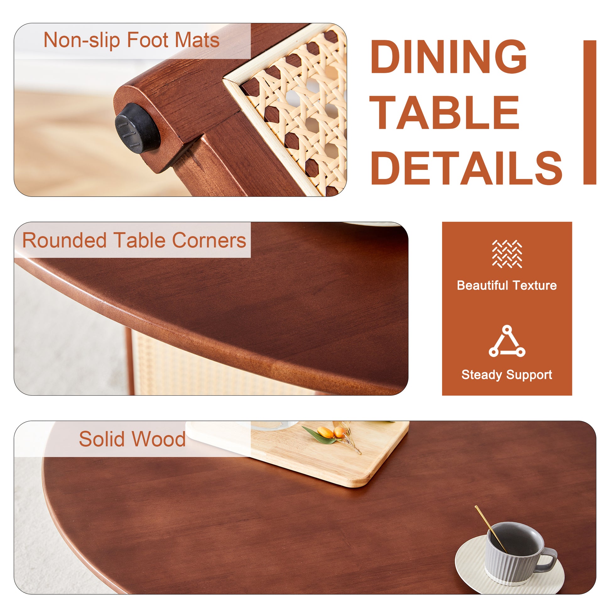 Table And Chair Set, Ancient Style Solid Wood Dining Table, Imitation Rattan Table Legs, Beautiful Simple Solid Wood Dining Chair, Perfect For Dinner, Meetings, Home And Office Decoration Walnut Rubber Wood