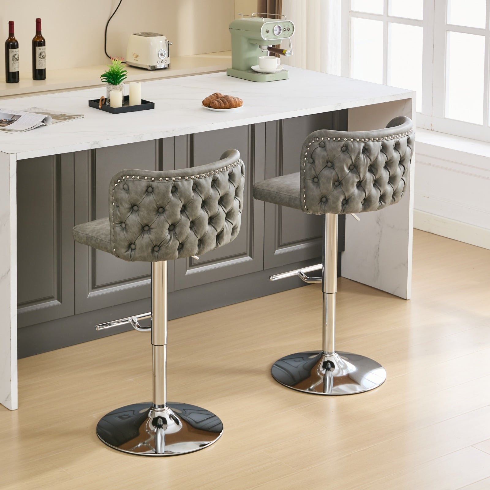 Swivel Barstools Adjusatble Seat Height With Chrome Base, Modern Pu Upholstered Bar Stools With The Whole Back Tufted, For Home Pub And Kitchen Island,Gray, Set Of 2 Gray American Design Bar Stools Set Of 2 Foam Pu Leather