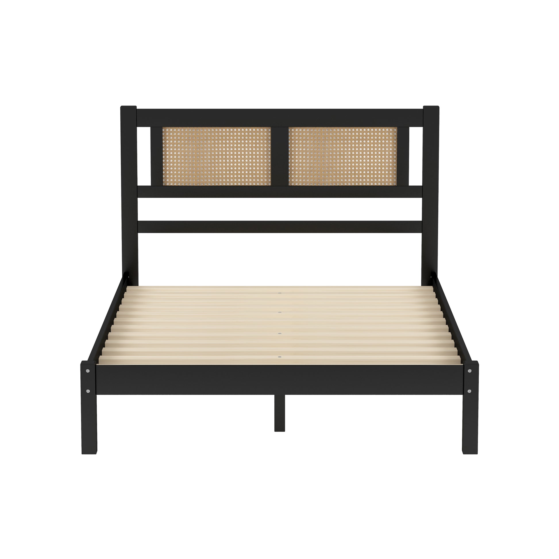 3 Pieces Bedroom Sets Full Size Wooden Platform Bed With Natural Rattan Headboard, Nightstands Set Of 2 With Rattan Woven Surfaces And Three Drawers For Bedroom, Black Black Particle Board