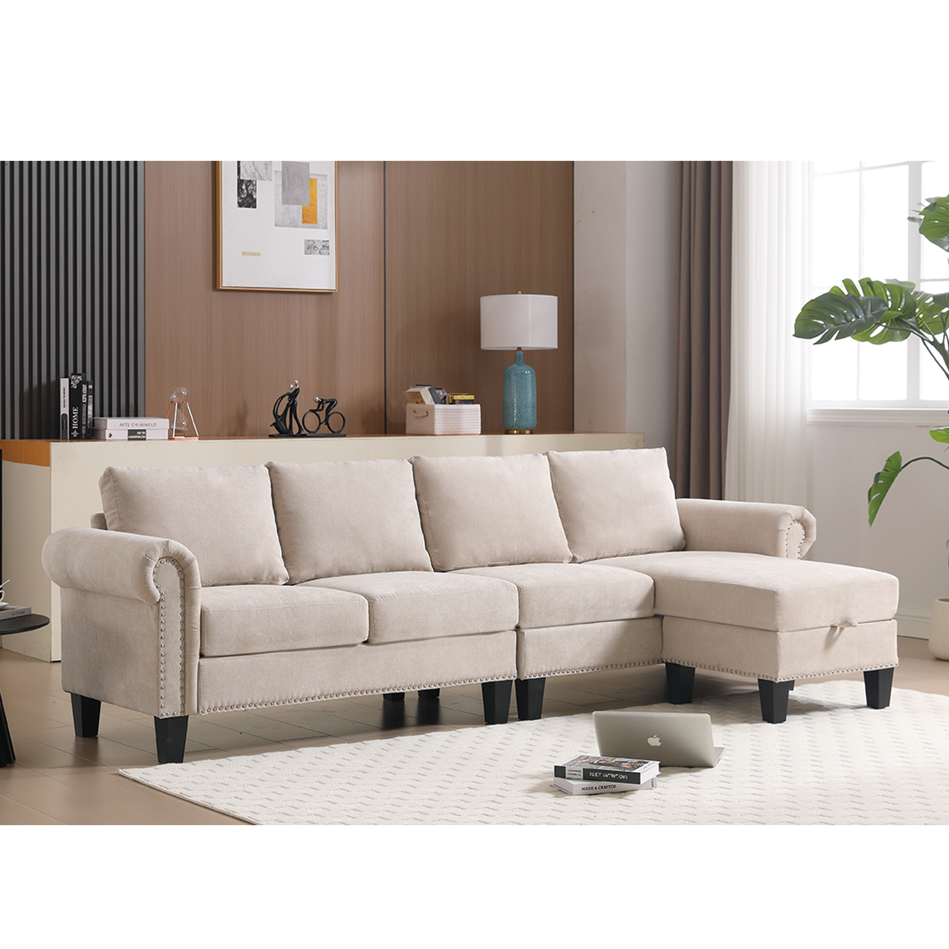 Arrived Convertible Sectional Sofa With Storage,L Shaped Sofa,Four Seater Sofa,Modern Linen Fabric Sectional Couches For Living Room, Beige Beige Polyester Wood Primary Living Space Medium Soft Cushion Back Modern Wood 4 Seat
