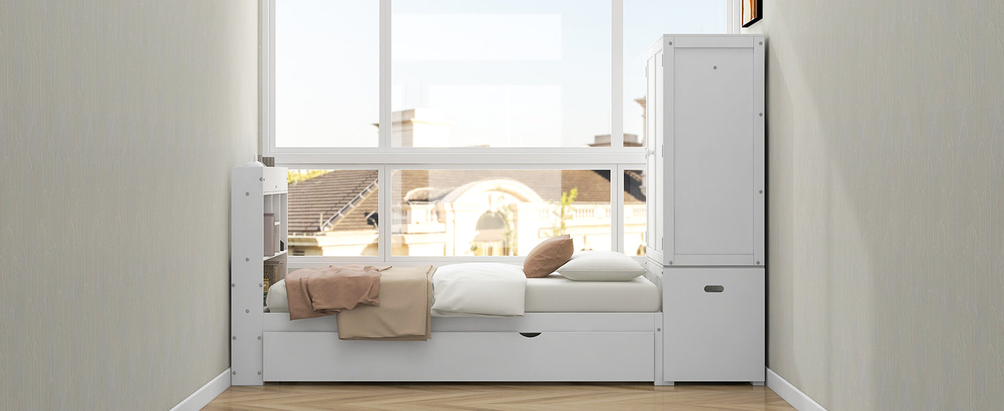 Twin Size Platform Bed With Storage Headboard And Footboard, Pull Out Shelves And Twin Size Trundle, White Box Spring Not Required Twin White Wood Bedroom Bed Frame Solid Wood Mdf