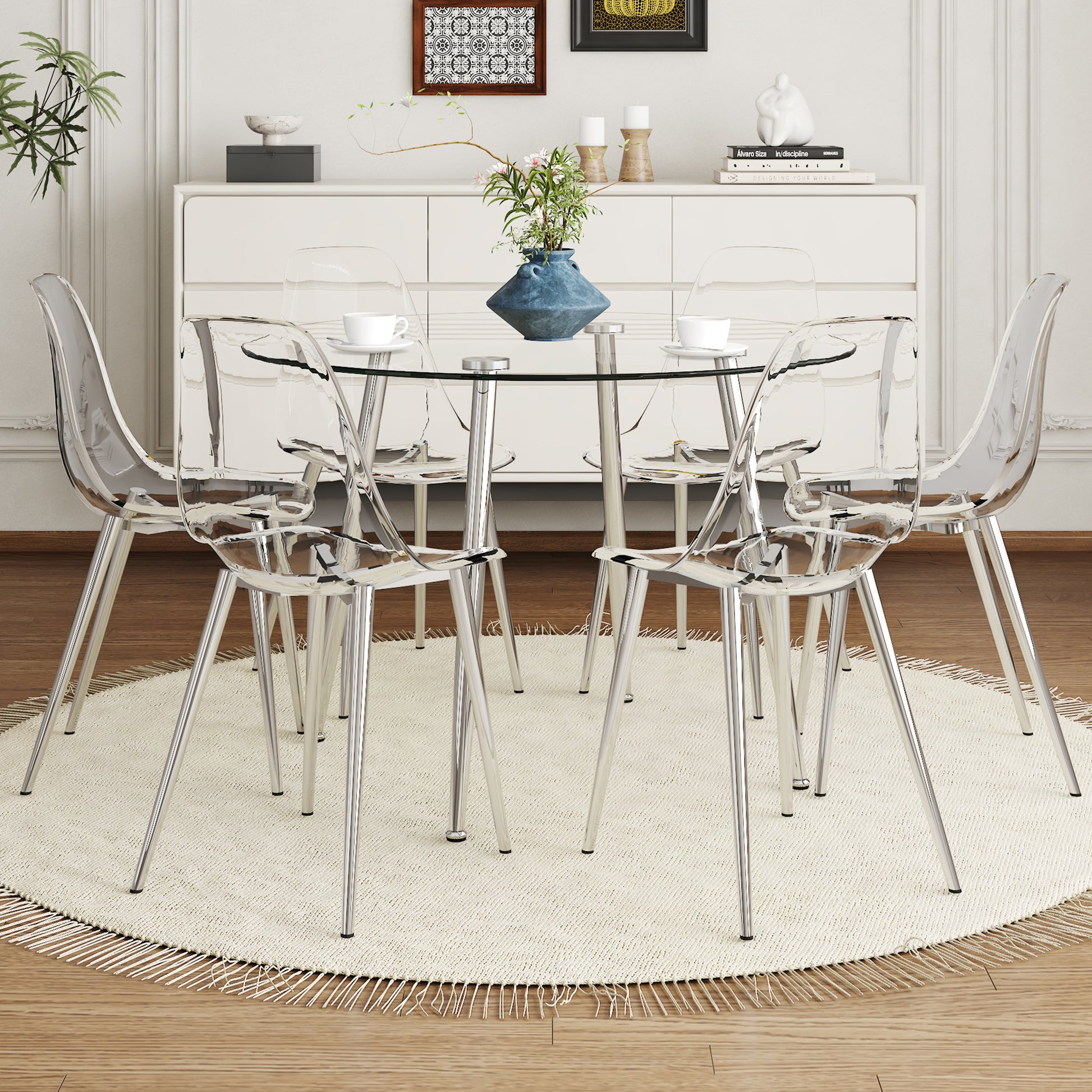 Table And Chair Set.A Modern Minimalist Round Dining Table With Transparent Tempered Glass Top And Silver Metal Legs,Paired With 6 Multiple Transparent High Quality Pet Dining Chairs With Silver Legs. Silver,Transparent Seats 6 Glass Metal