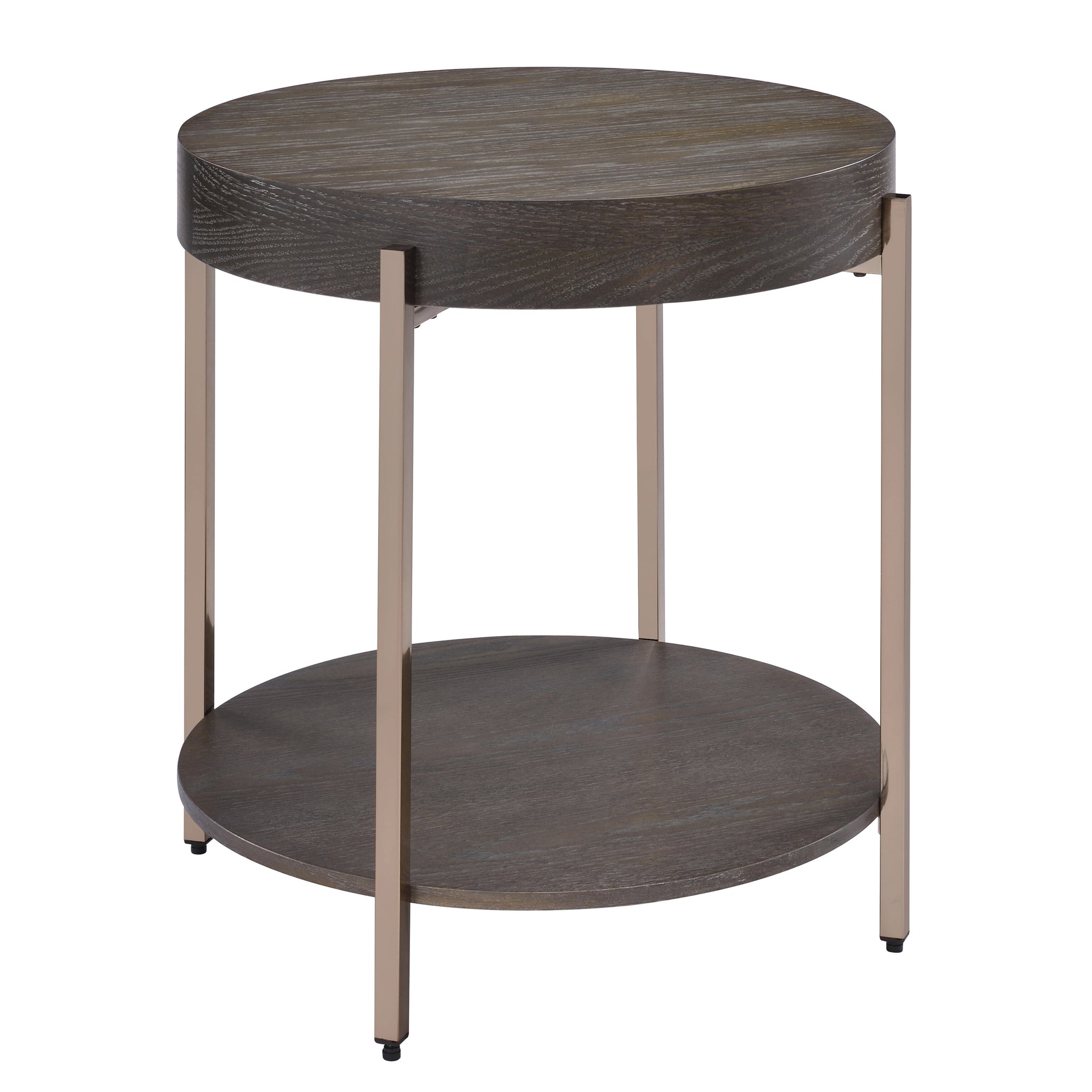 Dark Oak And Champagne 1 Shelf End Table Light Brown Primary Living Space Drawers Round Wood Metal