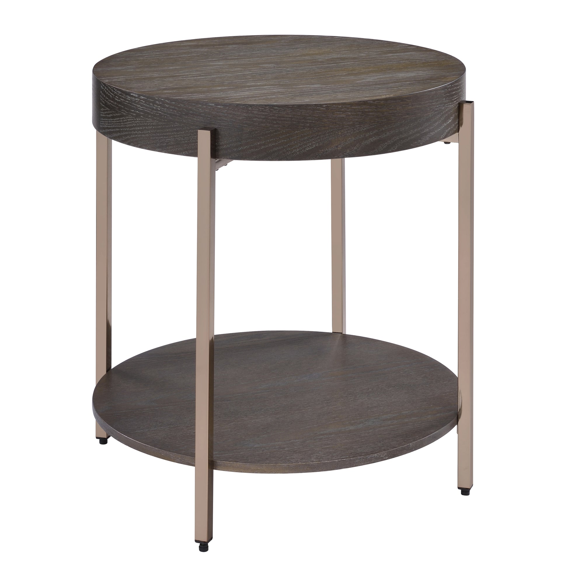 Dark Oak And Champagne 1 Shelf End Table Light Brown Primary Living Space Drawers Round Wood Metal