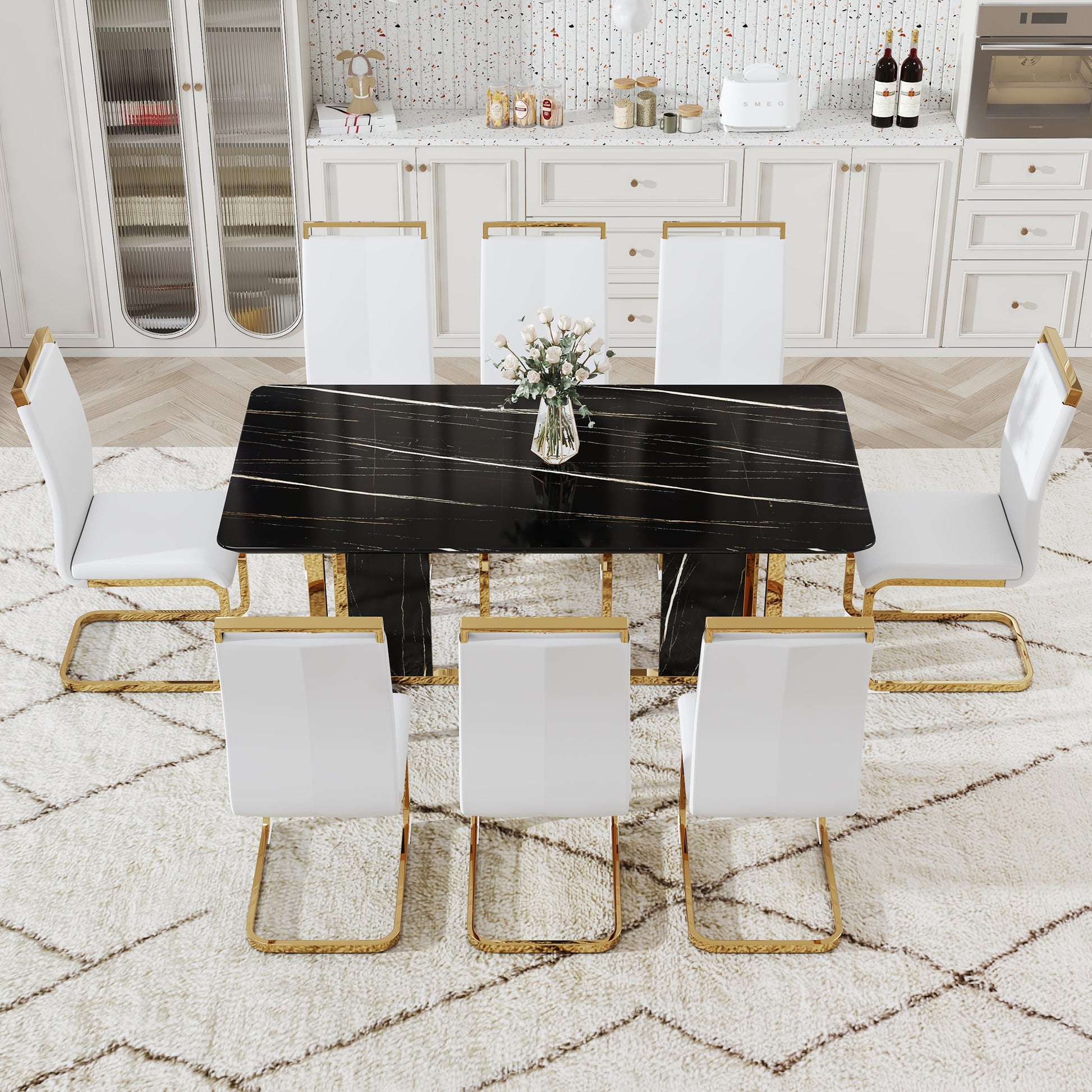 Table And Chair Set. Modern Dining Table With Mdf Top And Beautiful Mdf Legs. Equipped With Comfortable Pu Chairs And Metal Legs. Suitable For A Wide Range Of Decorative Styles. Black,White Seats 8 Mdf