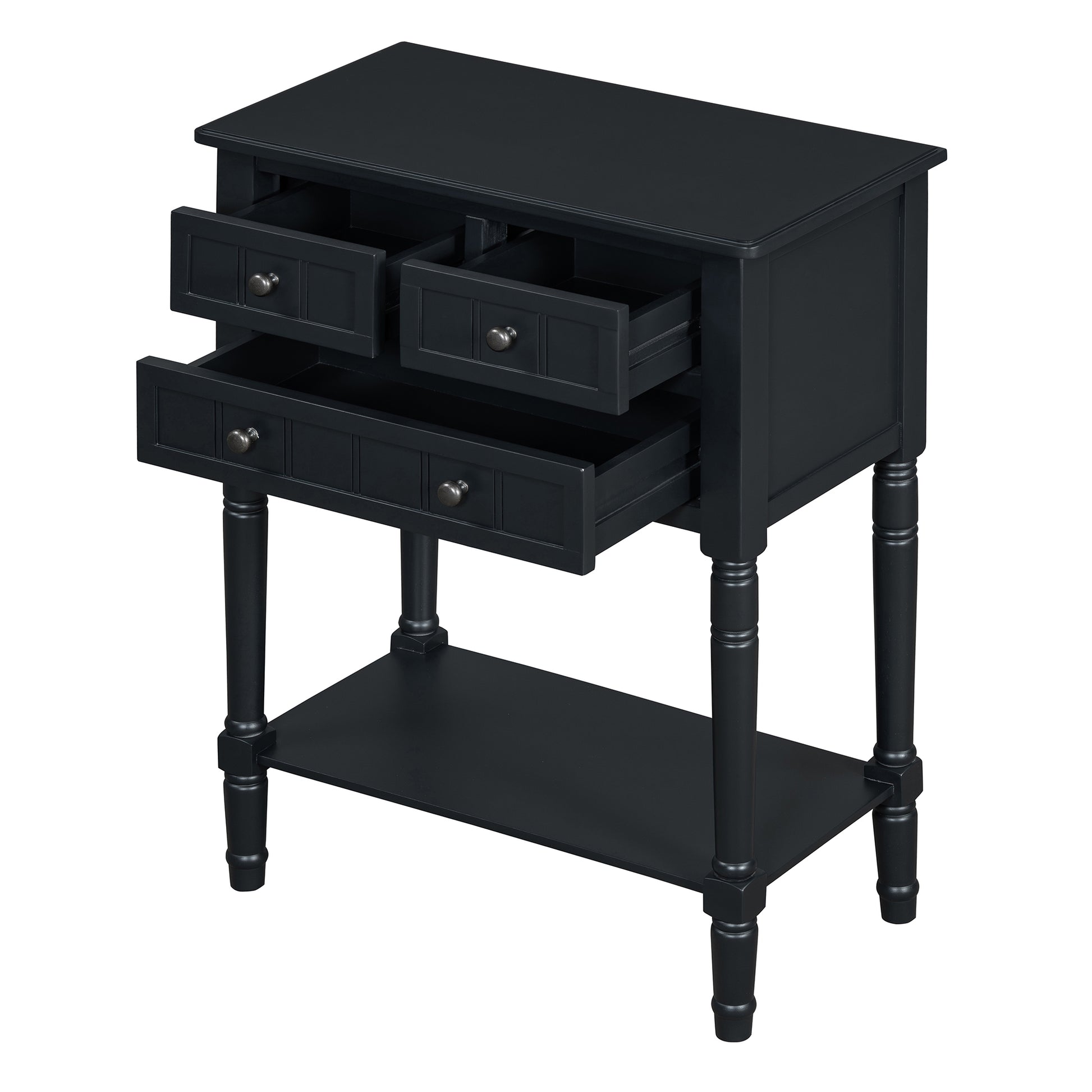 Narrow Console Table, Slim Sofa Table With Three Storage Drawers And Bottom Shelf Black Black Solid Wood Mdf