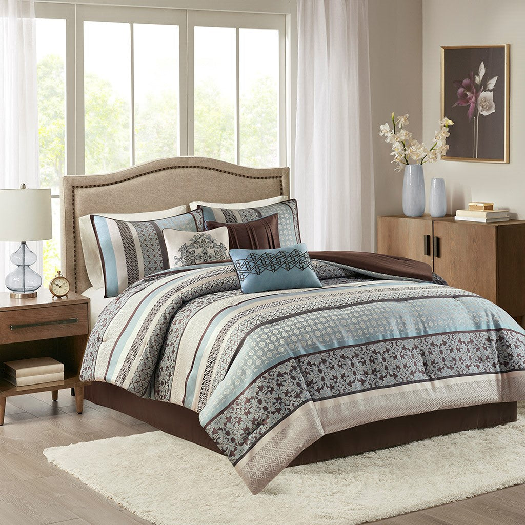 7 Piece Comforter Set Blue Queen Queen Blue Polyester