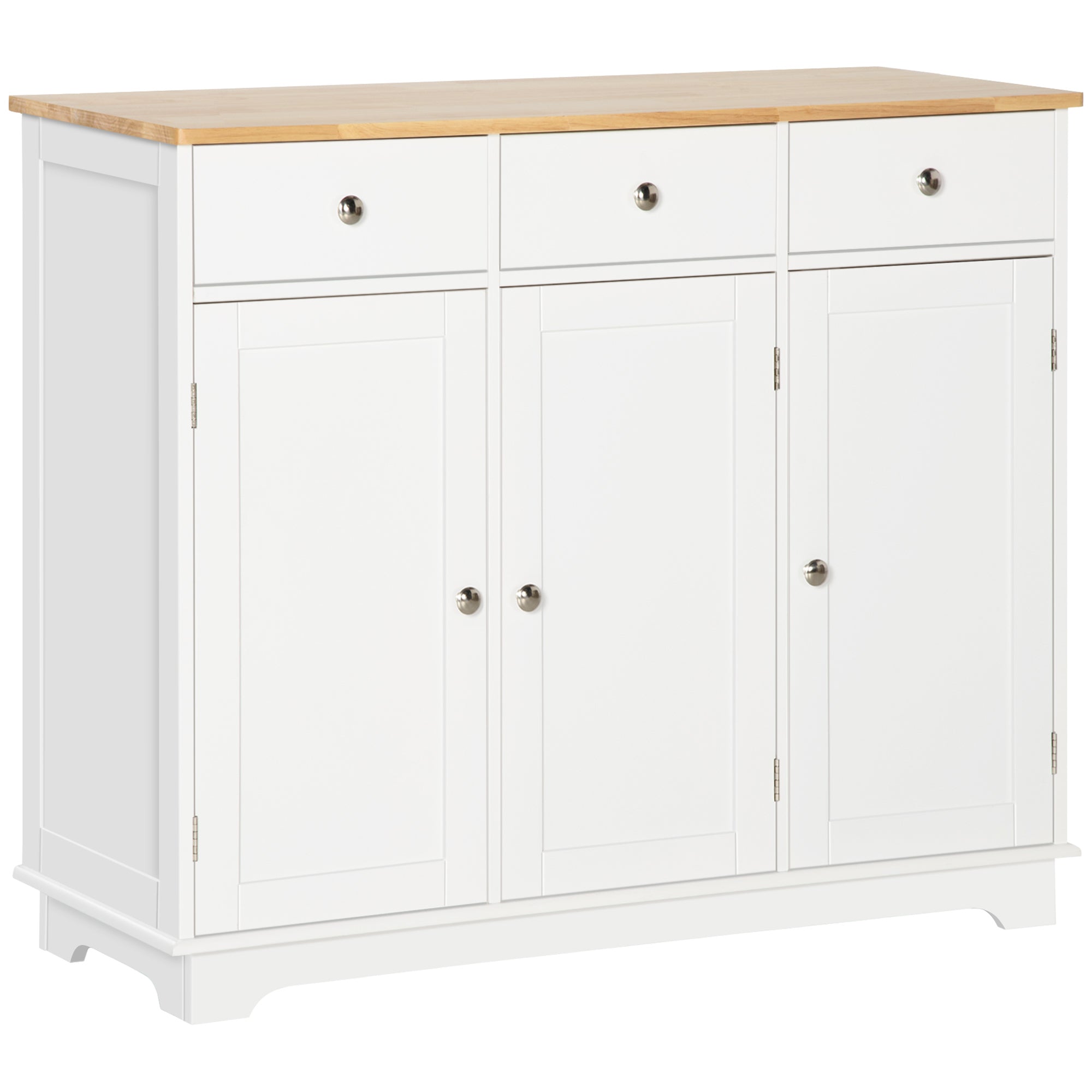 Homcom Sideboard With Solid Wood Countertop, Modern Kitchen Storage Cabinet, Coffee Bar Cabinet With 3 Drawers, Doors And Adjustable Shelf, White White Mdf