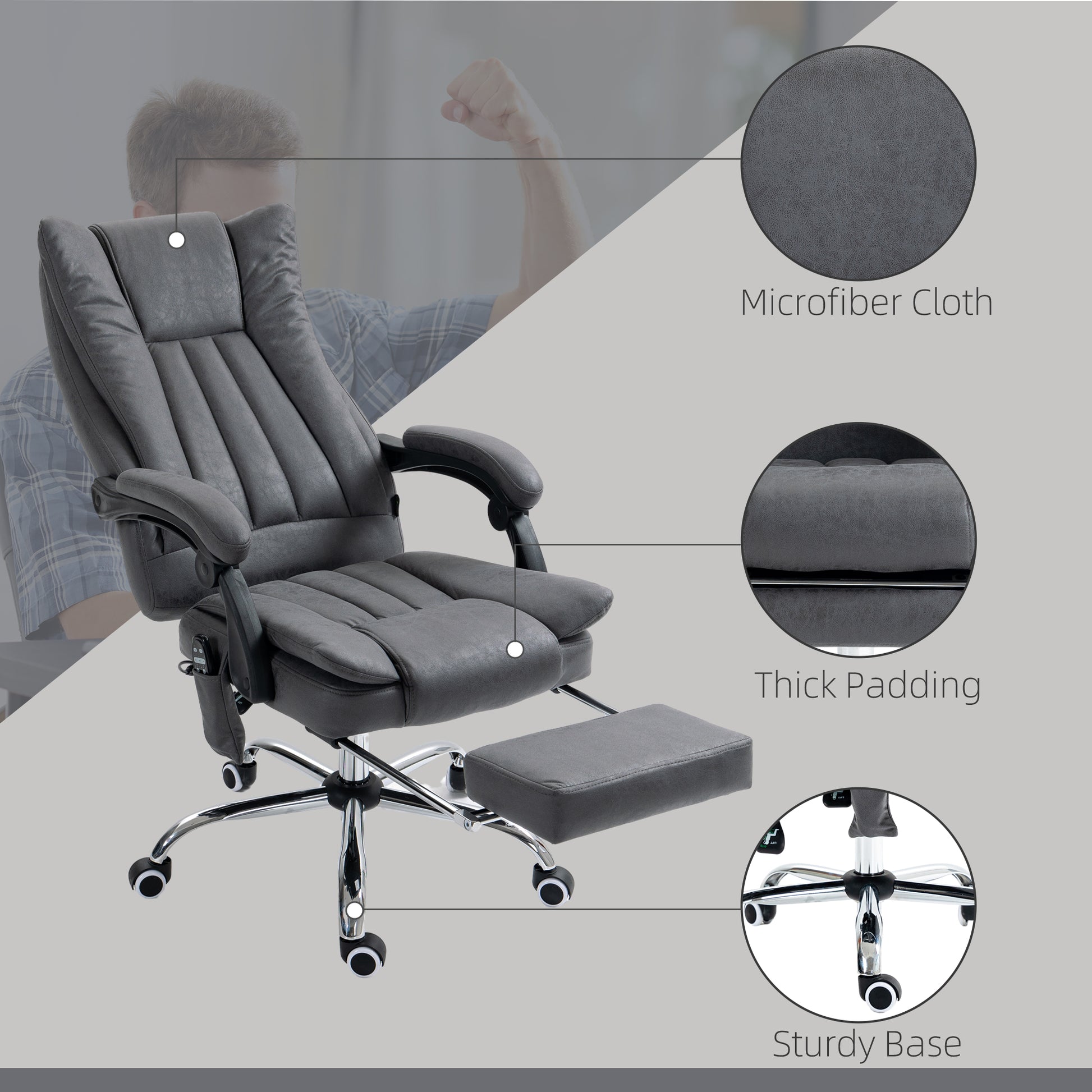 Vinsetto Microfiber Office Chair, High Back Computer Chair With 6 Point Massage, Heat, Adjustable Height And Retractable Footrest, Dark Blue Rock Grey Polyester