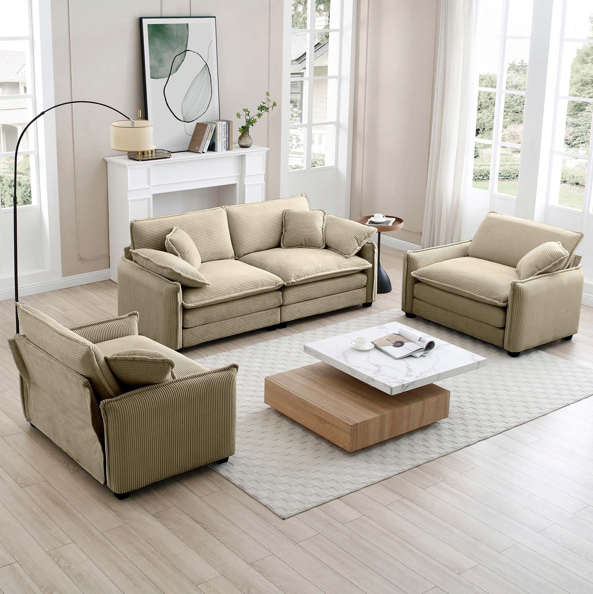 Luxurious And Sophisticated Sofa Set With Soft Cushions And Pillows, Sofa Set For Living Rooms And Clubs As Well As Home Theaters, Consisting Of Two Single Sofas And A 2 Seaters Sofas In Tan Corduroy Tan Corduroy 4 Seat