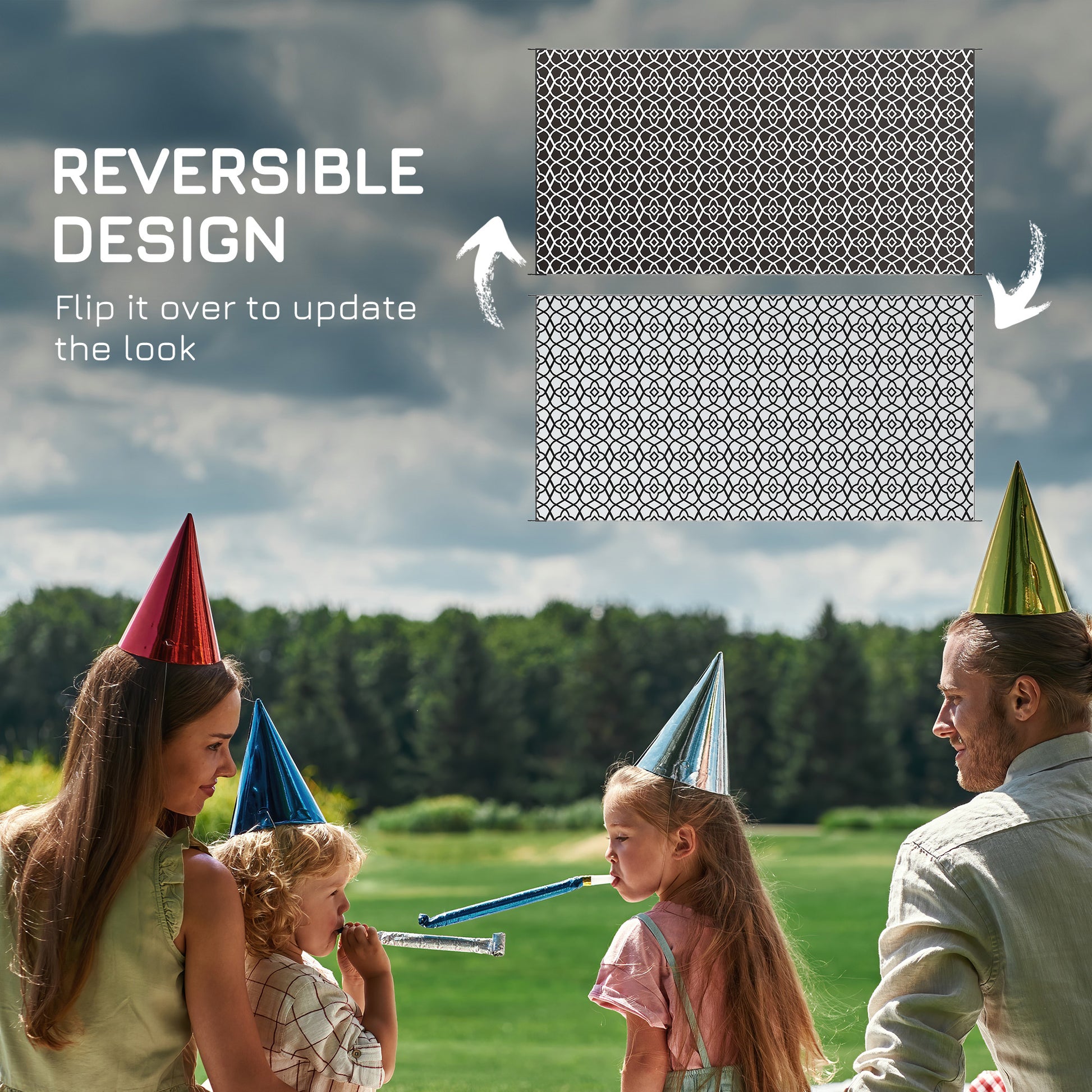 Outsunny Reversible Outdoor Rug, 9' X 18' Waterproof Plastic Straw Floor Mat, Portable Rv Camping Carpet With Carry Bag, Large Floor Mat For Backyard, Deck, Picnic, Beach, Black & White Cr Multicolor Polypropylene