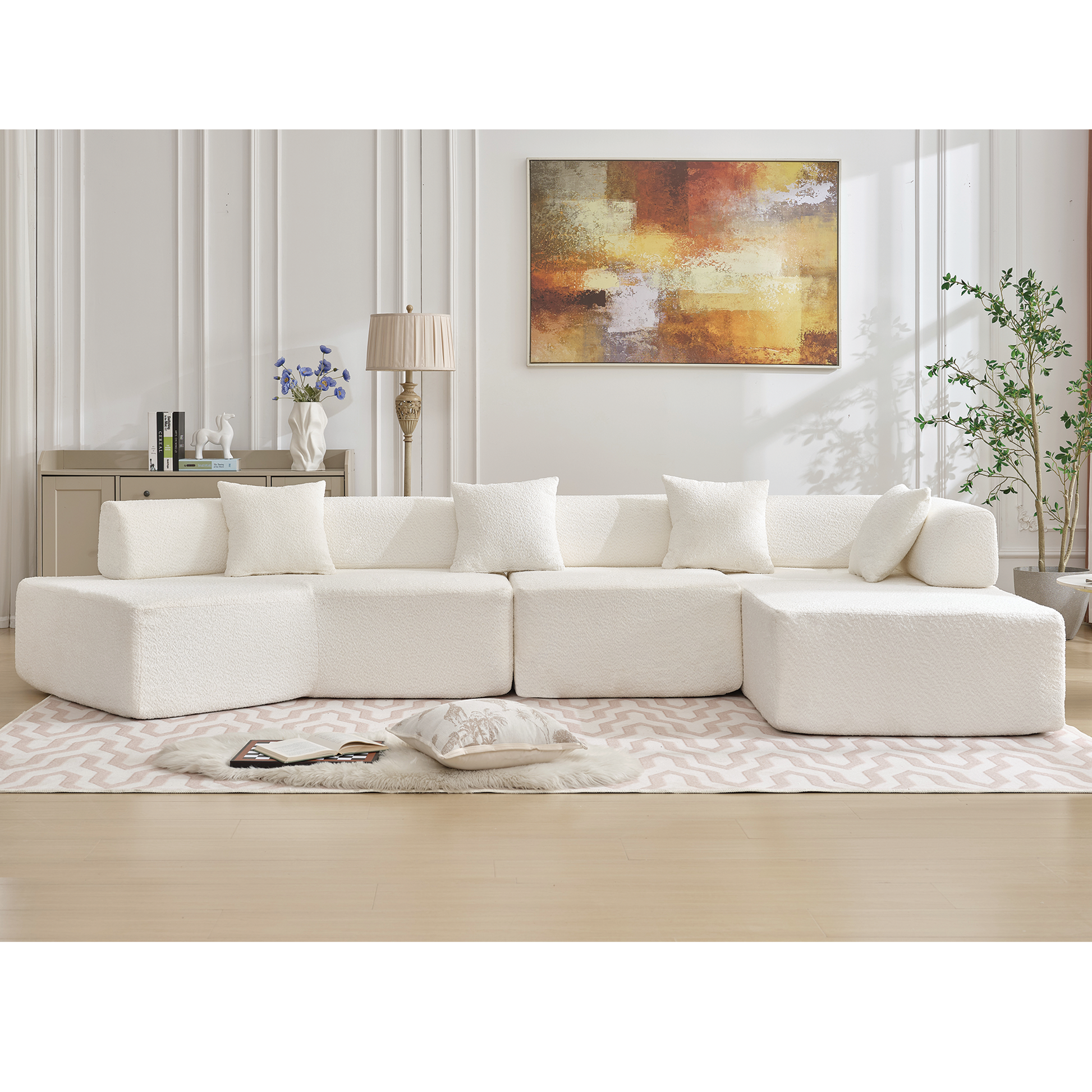 Arrived Modern Minimalist 140" L Shape Couch ,No Assembly Required,Boucle,Modular Sofa ,Couch With Chaise,Free Combination Foam Filled Sofa, 4 Seats,White White Polyester Primary Living Space Soft Modern Foam Polyester 4 Seat