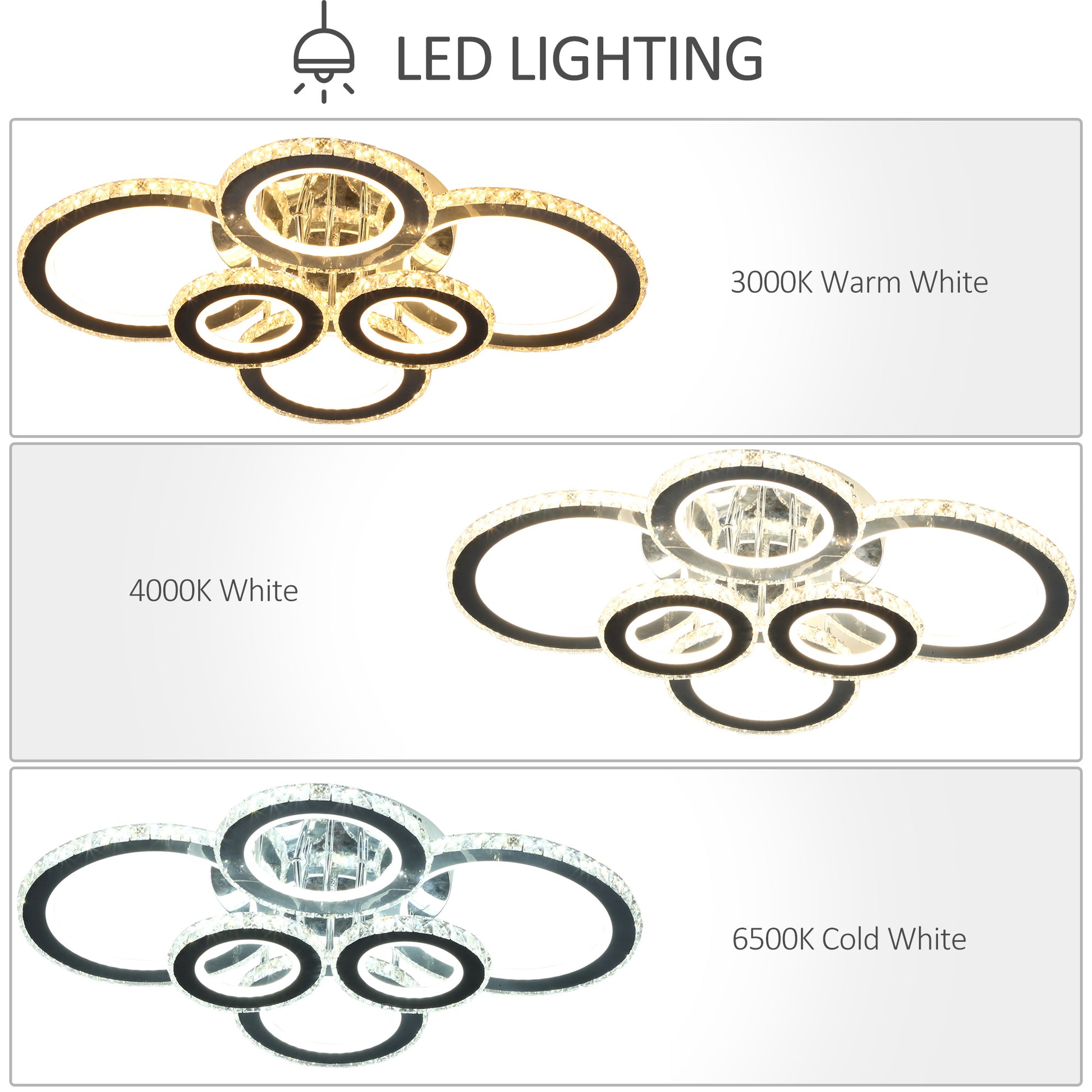 Homcom Led Hanging Chandelier Lighting Fixture W 6 Rings & 50,000 Hour Lifespan Silver Steel
