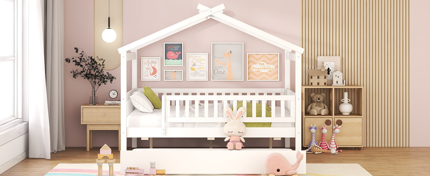 Full Size Wooden House Bed With Twin Size Trundle, White Full White Solid Wood Mdf